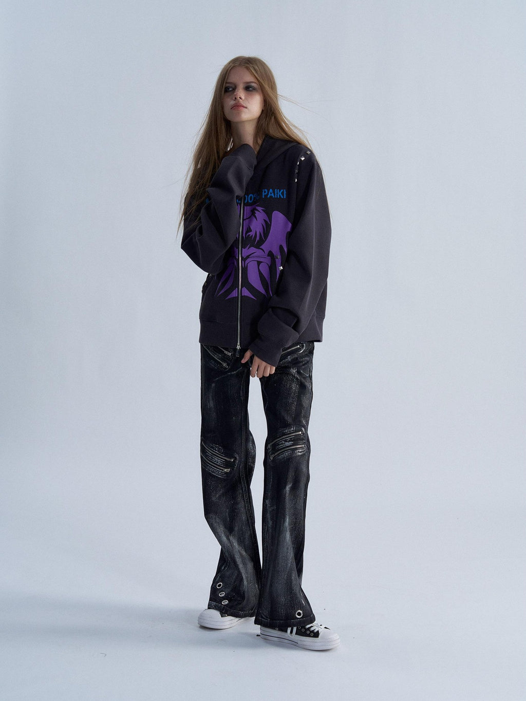 PAIKI Studded Devil Graphic Long Sleeve Cotton Women's Zip-up Hoodies