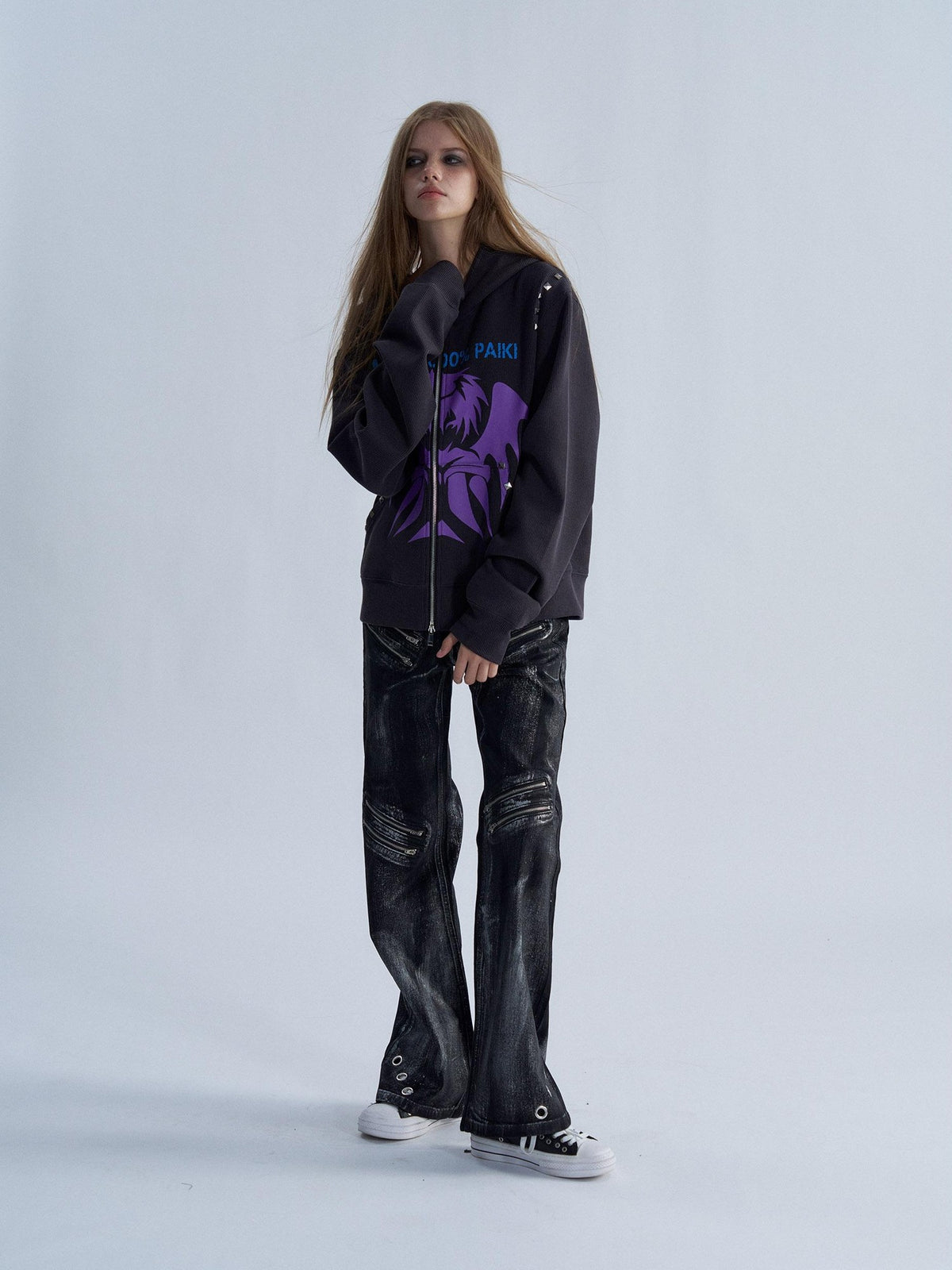 PAIKI Studded Devil Graphic Long Sleeve Cotton Women's Zip-up Hoodies