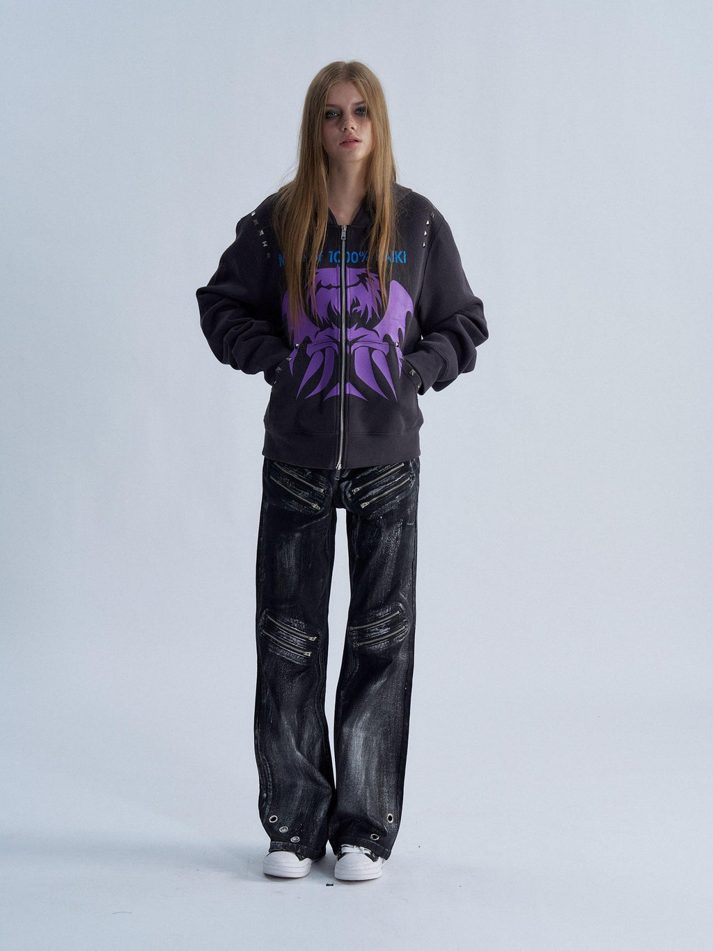 PAIKI Studded Devil Graphic Long Sleeve Cotton Women's Zip-up Hoodies