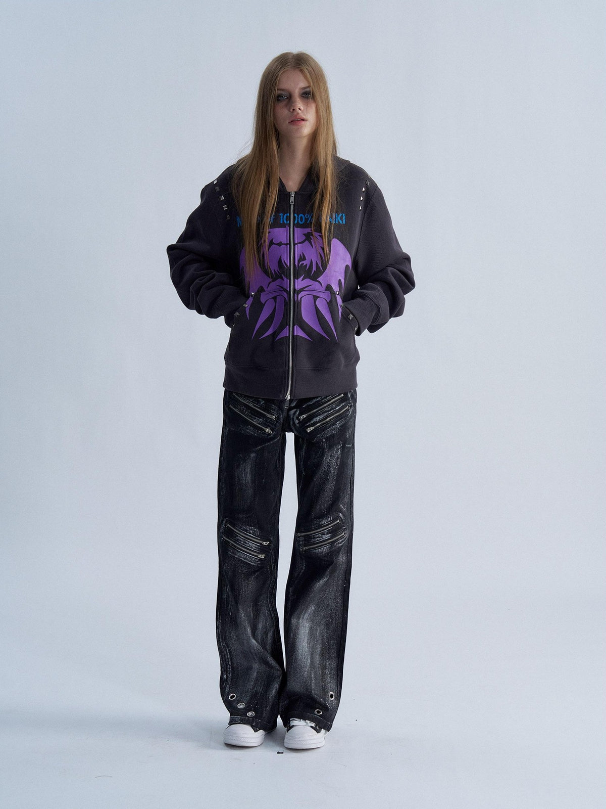 PAIKI Studded Devil Graphic Long Sleeve Cotton Women's Zip-up Hoodies