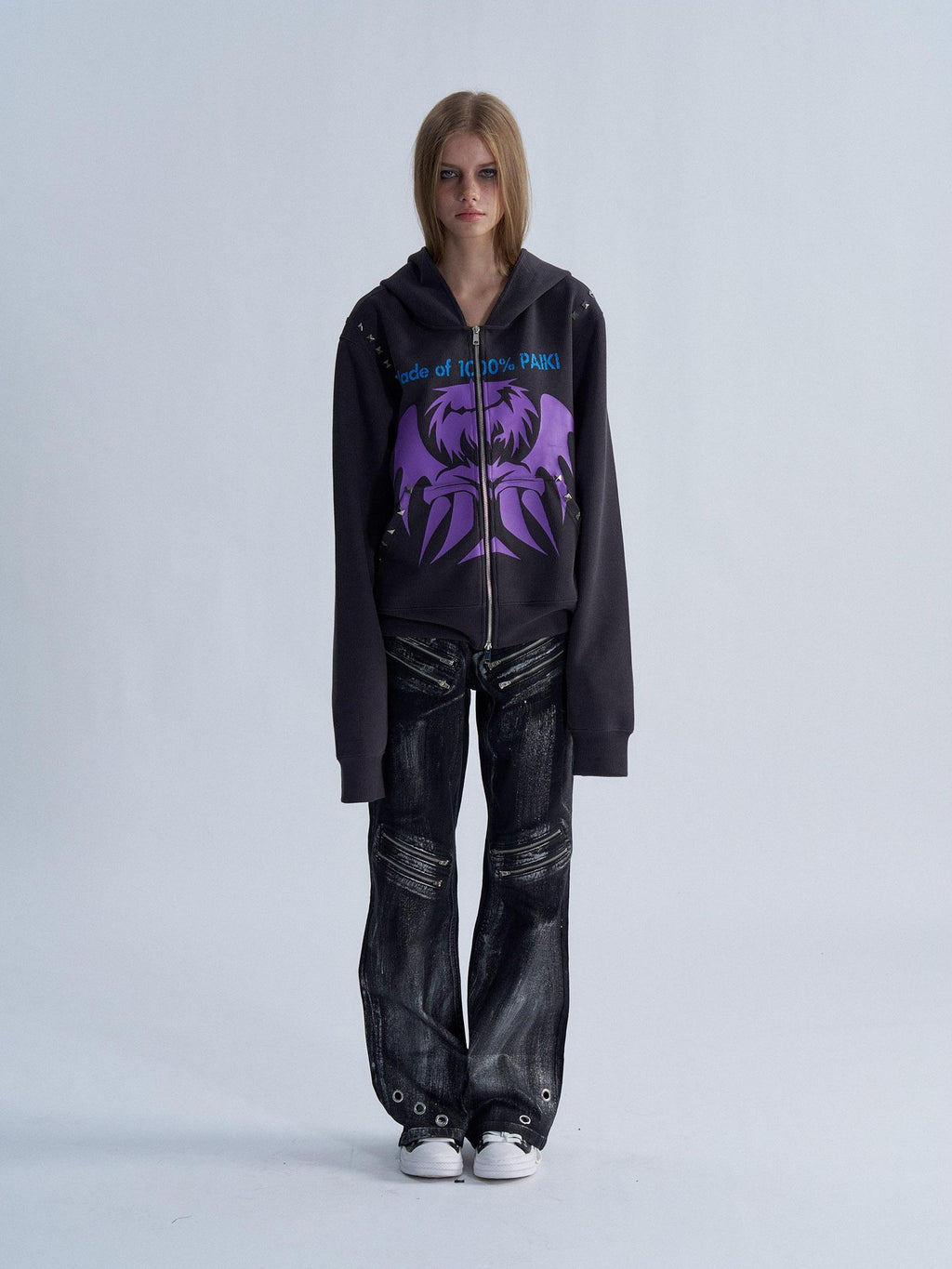 PAIKI Studded Devil Graphic Long Sleeve Cotton Women's Zip-up Hoodies