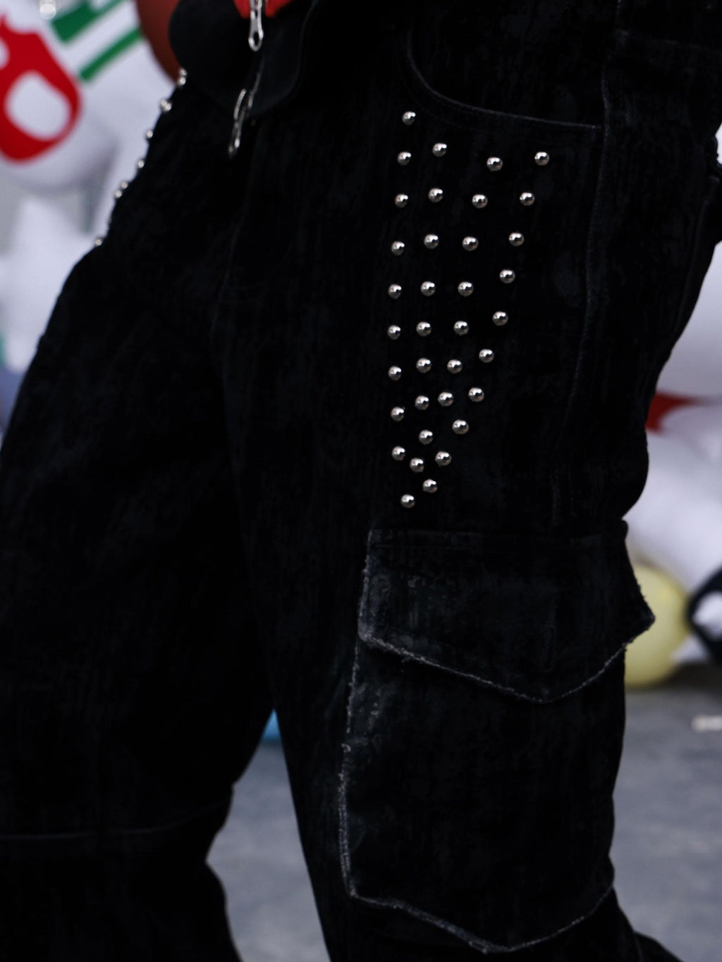 PAIKI Studded Flocked Rock Music Slim Fit Flared Women's Cotton Cargo Pants