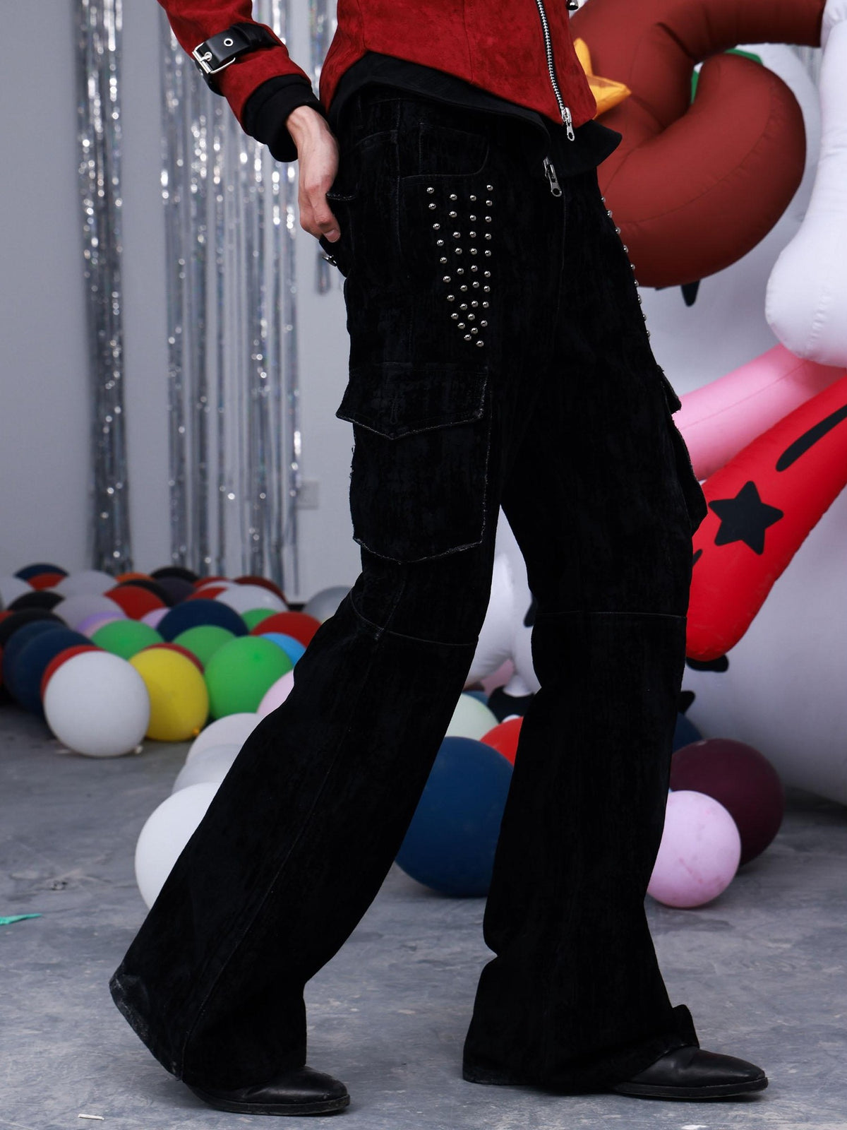 PAIKI Studded Flocked Rock Music Slim Fit Flared Women's Cotton Cargo Pants