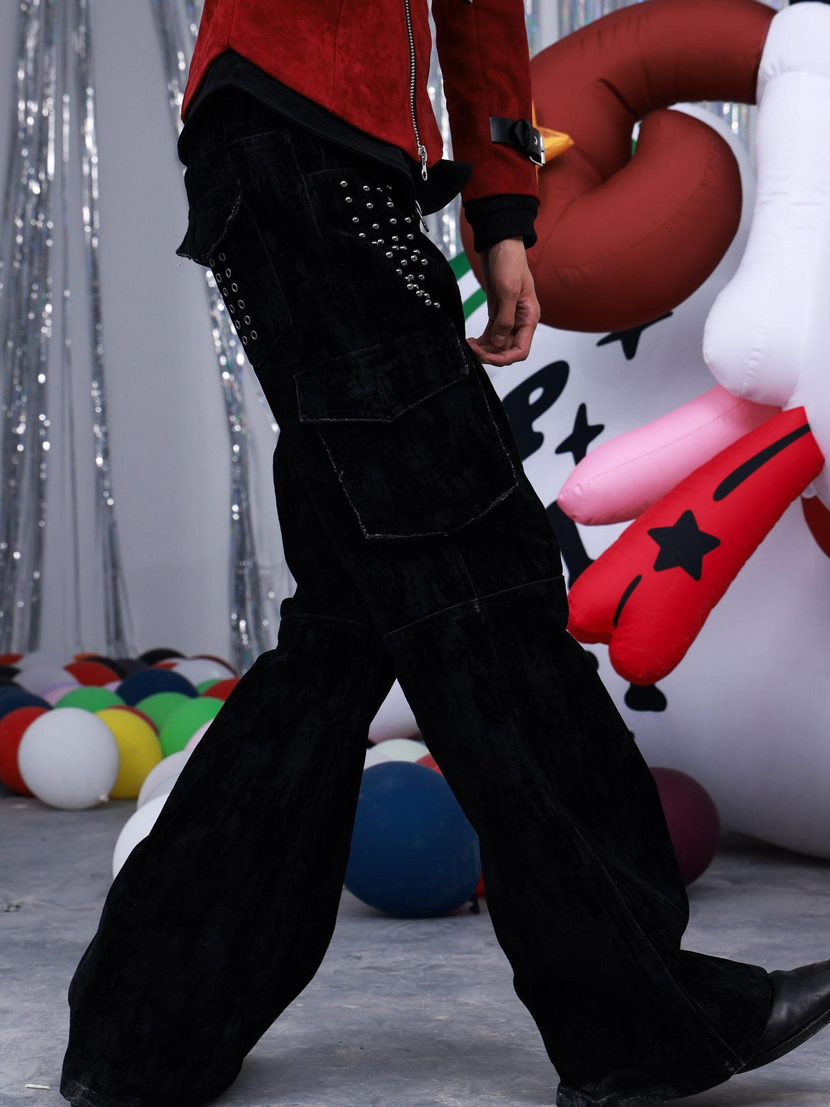 PAIKI Studded Flocked Rock Music Slim Fit Flared Women's Cotton Cargo Pants