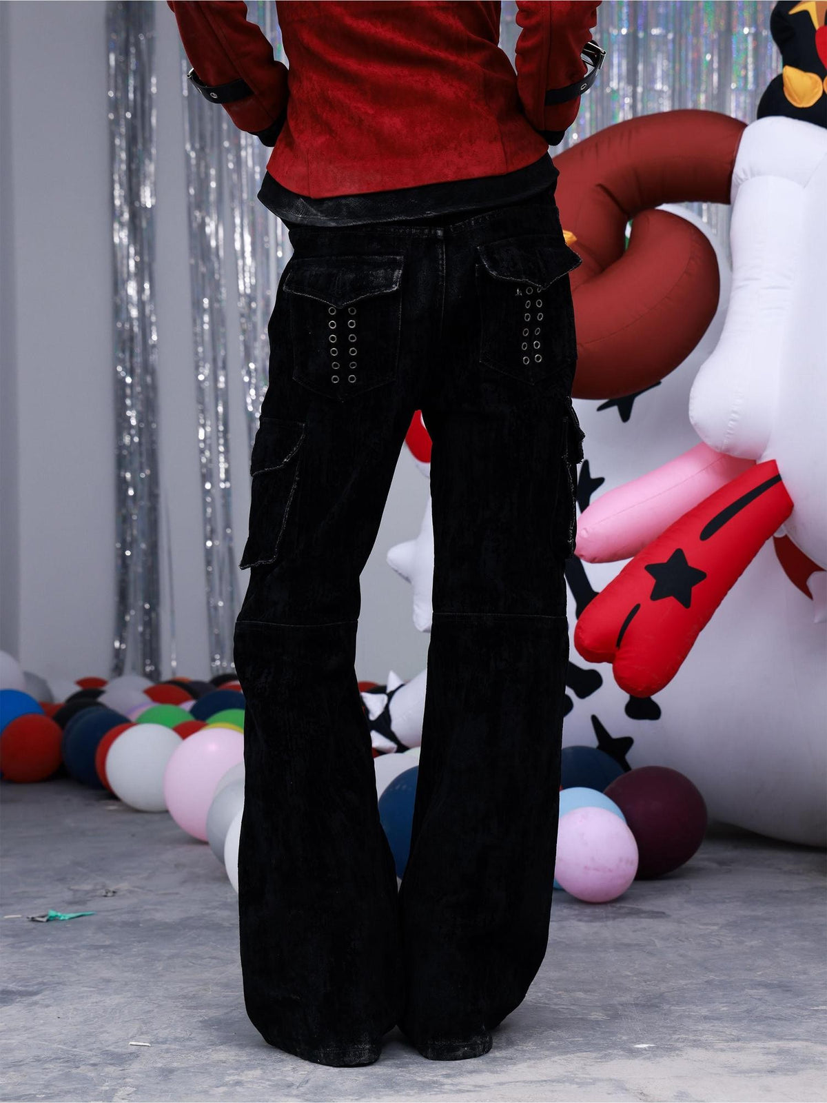 PAIKI Studded Flocked Rock Music Slim Fit Flared Women's Cotton Cargo Pants
