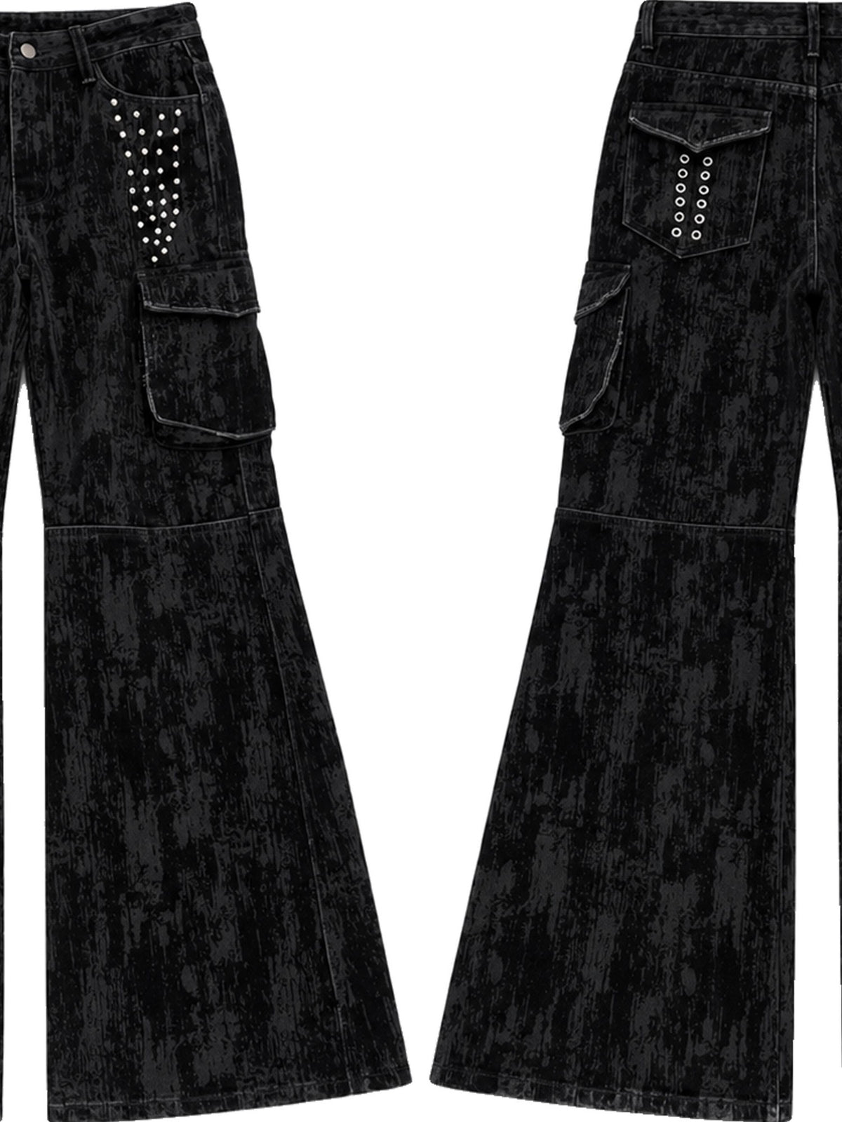 PAIKI Studded Flocked Rock Music Slim Fit Flared Women's Cotton Cargo Pants