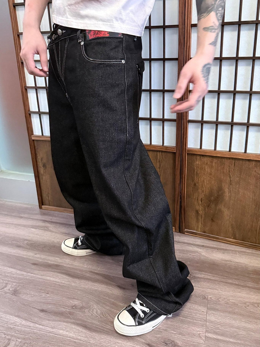 PAIKI Studded Washed Low Rise Loose High Stretch Youth Casual Denim Wide-Leg Jeans