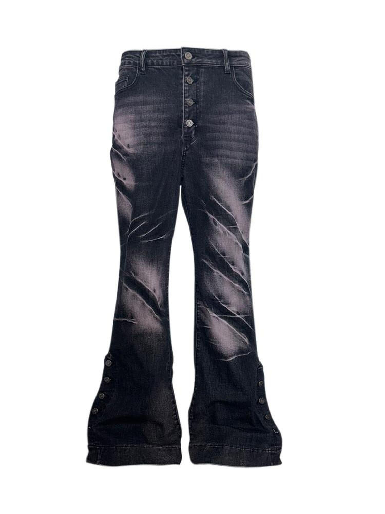 PAIKI Studded Washed Mid Rise Loose Mens Casual Black Micro Stretch Flare Jeans