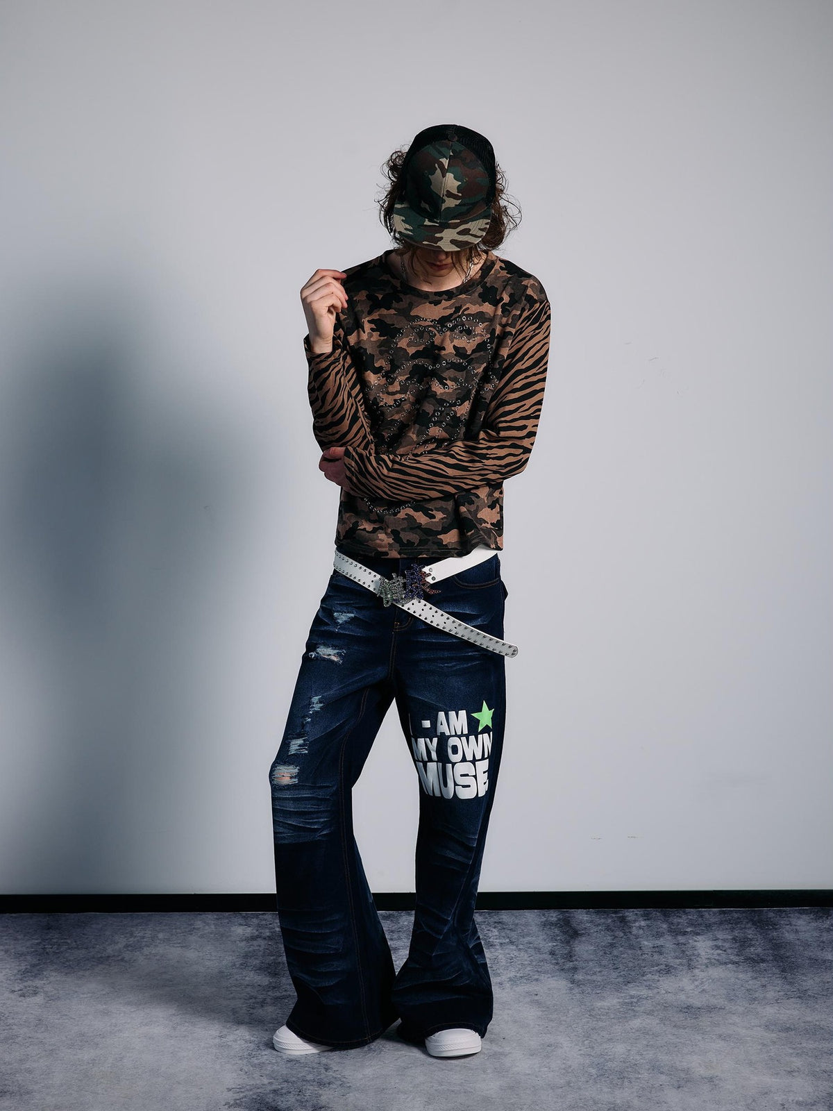 PAIKI Tiger Camo Studded Rhinestone Graphic Women's Cotton Pullover Hoodies
