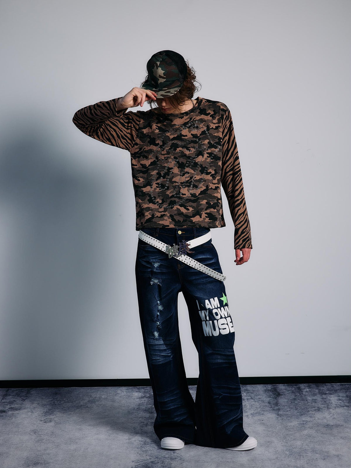 PAIKI Tiger Camo Studded Rhinestone Graphic Women's Cotton Pullover Hoodies