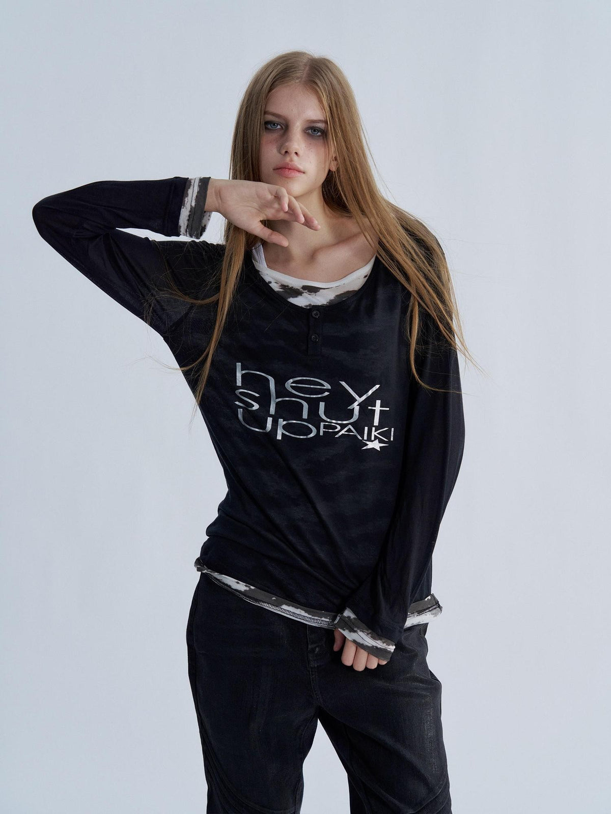 PAIKI Tiger Print Layered Look Henley Neck Lyocell Women's Long Sleeve T-shirts