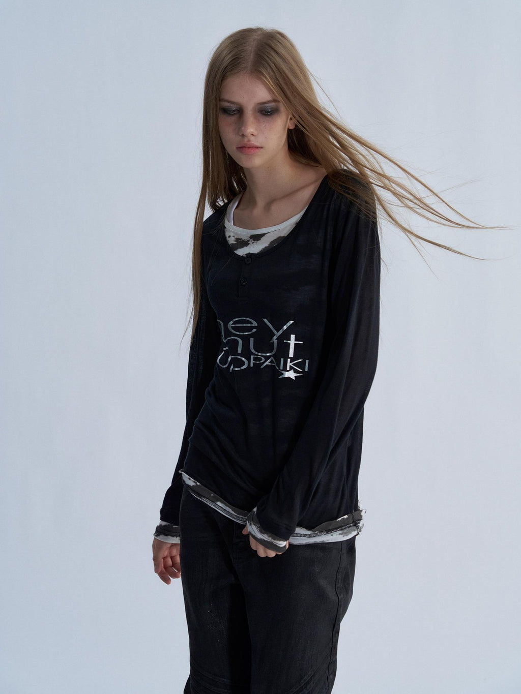 PAIKI Tiger Print Layered Look Henley Neck Lyocell Women's Long Sleeve T-shirts