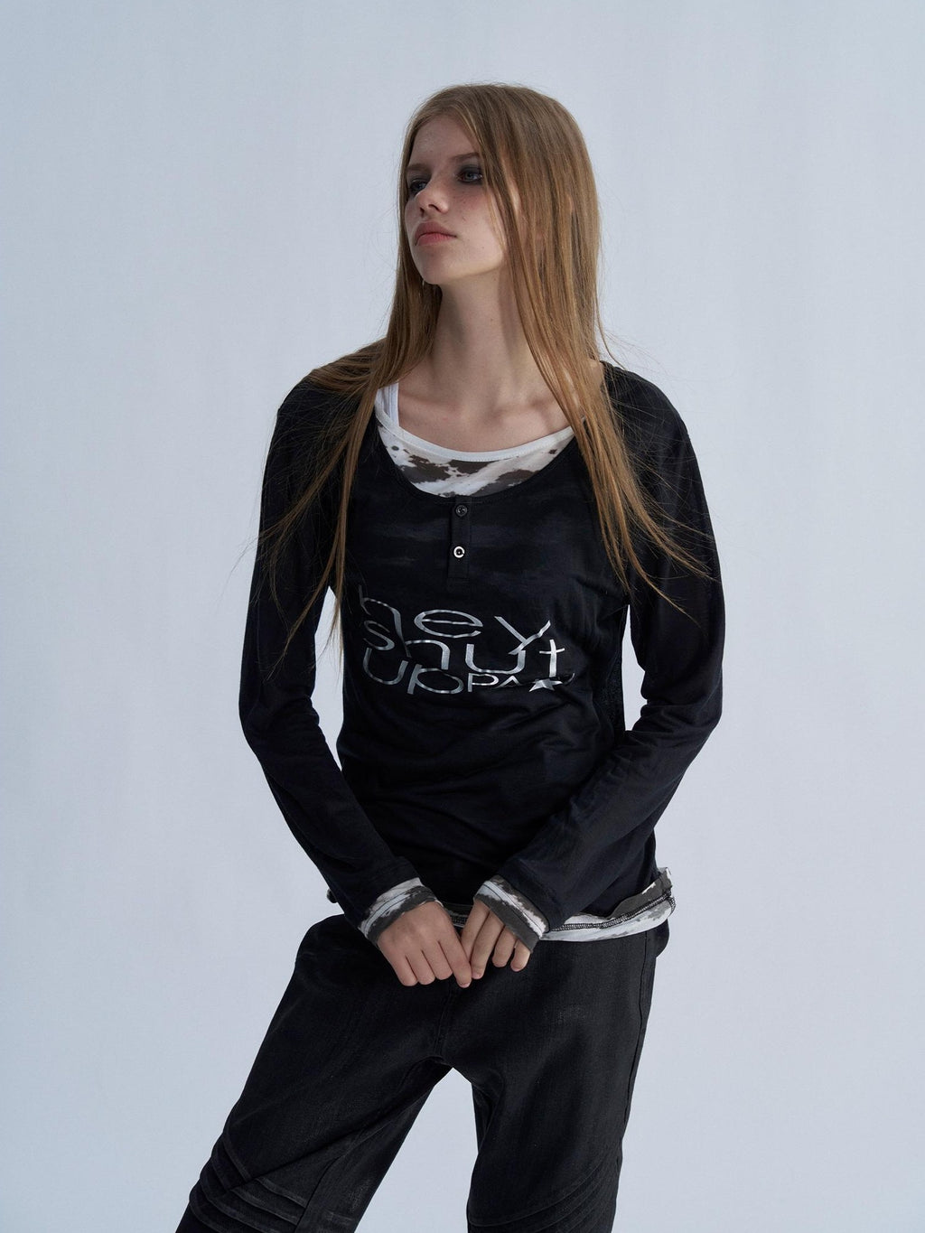 PAIKI Tiger Print Layered Look Henley Neck Lyocell Women's Long Sleeve T-shirts