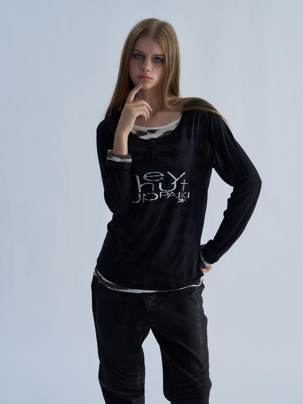 PAIKI Tiger Print Layered Look Henley Neck Lyocell Women's Long Sleeve T-shirts