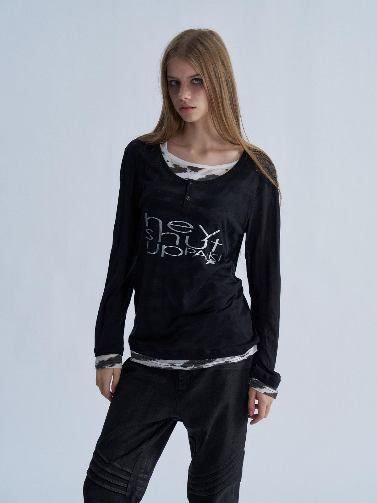 PAIKI Tiger Print Layered Look Henley Neck Lyocell Women's Long Sleeve T-shirts