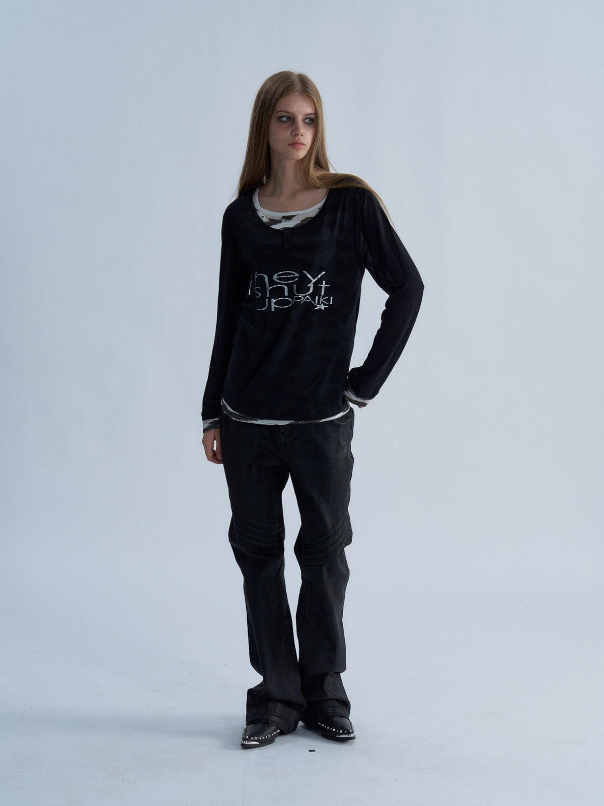 PAIKI Tiger Print Layered Look Henley Neck Lyocell Women's Long Sleeve T-shirts