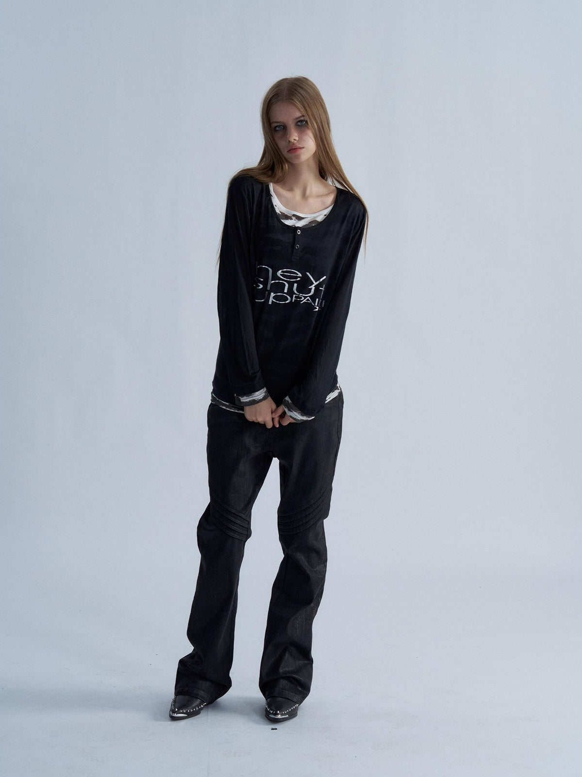 PAIKI Tiger Print Layered Look Henley Neck Lyocell Women's Long Sleeve T-shirts