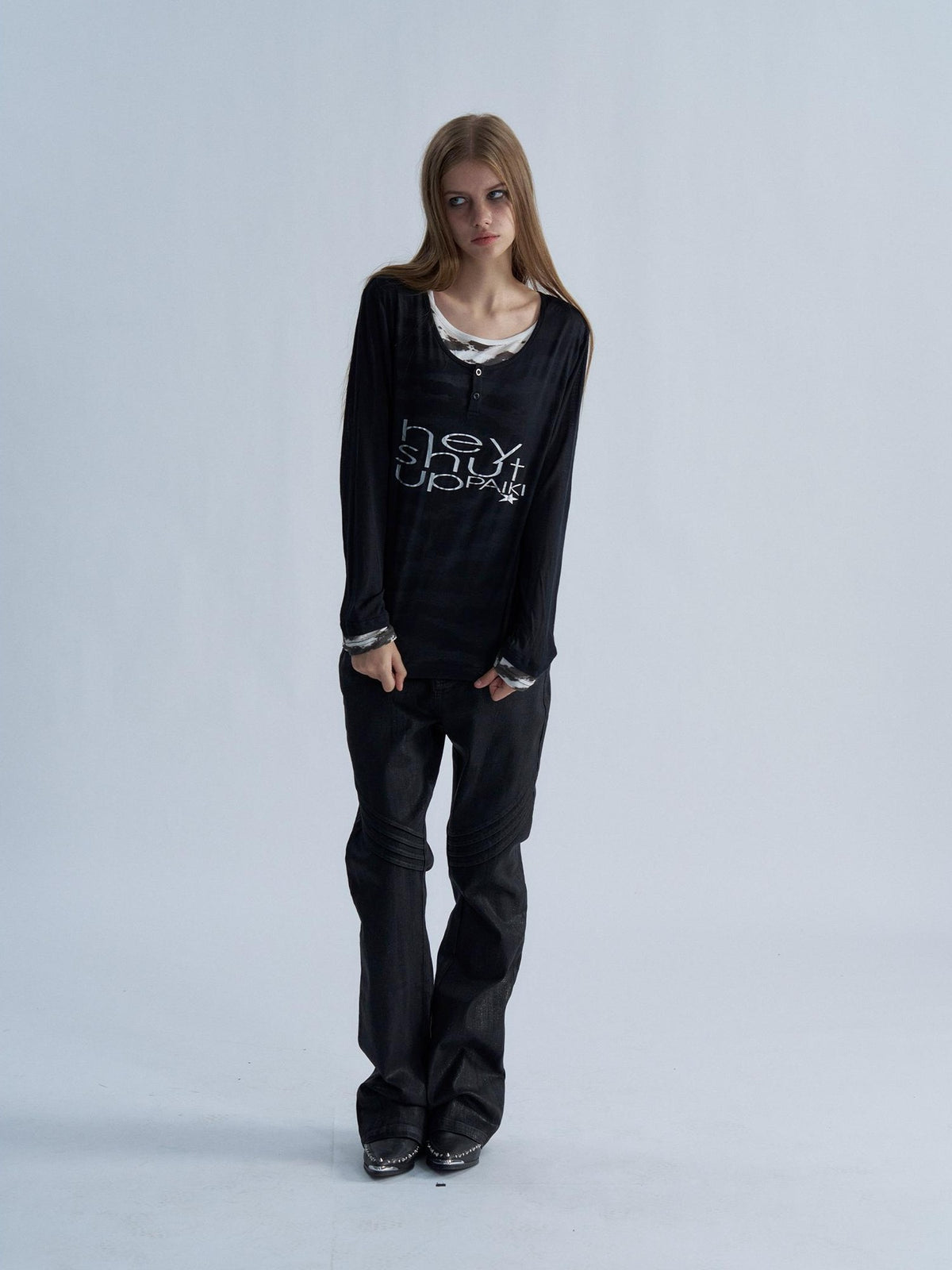 PAIKI Tiger Print Layered Look Henley Neck Lyocell Women's Long Sleeve T-shirts