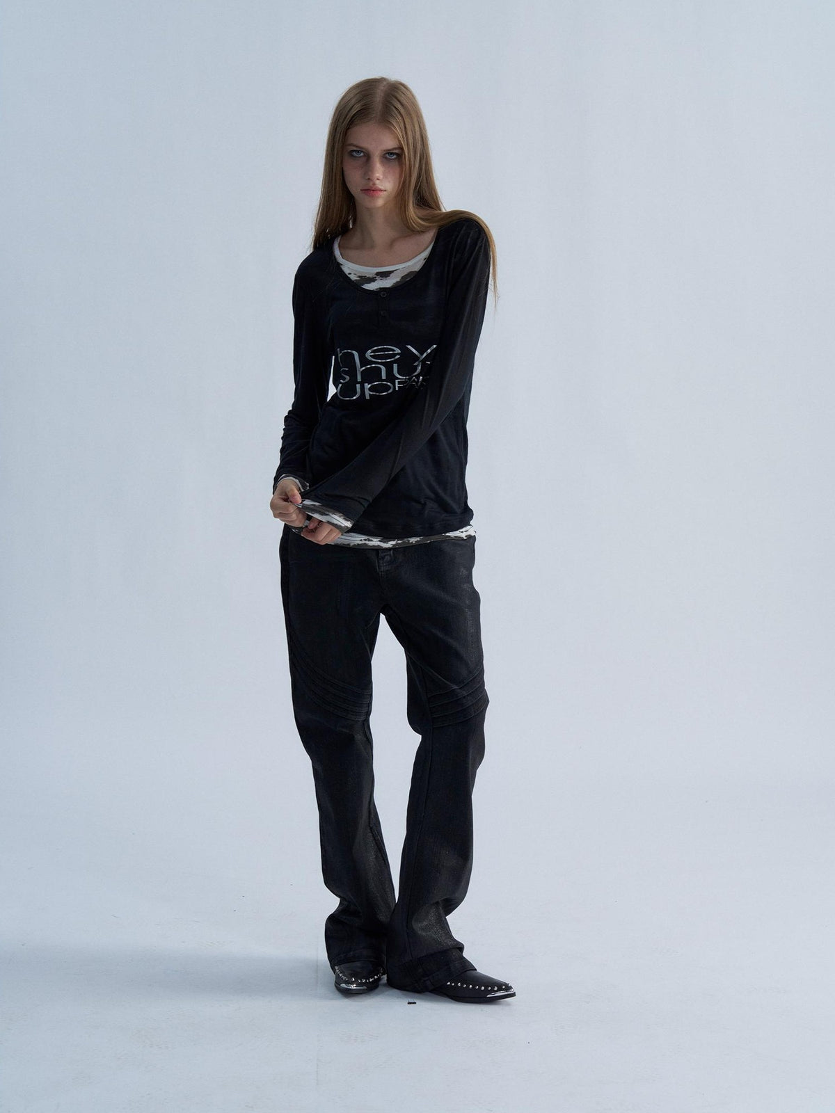 PAIKI Tiger Print Layered Look Henley Neck Lyocell Women's Long Sleeve T-shirts