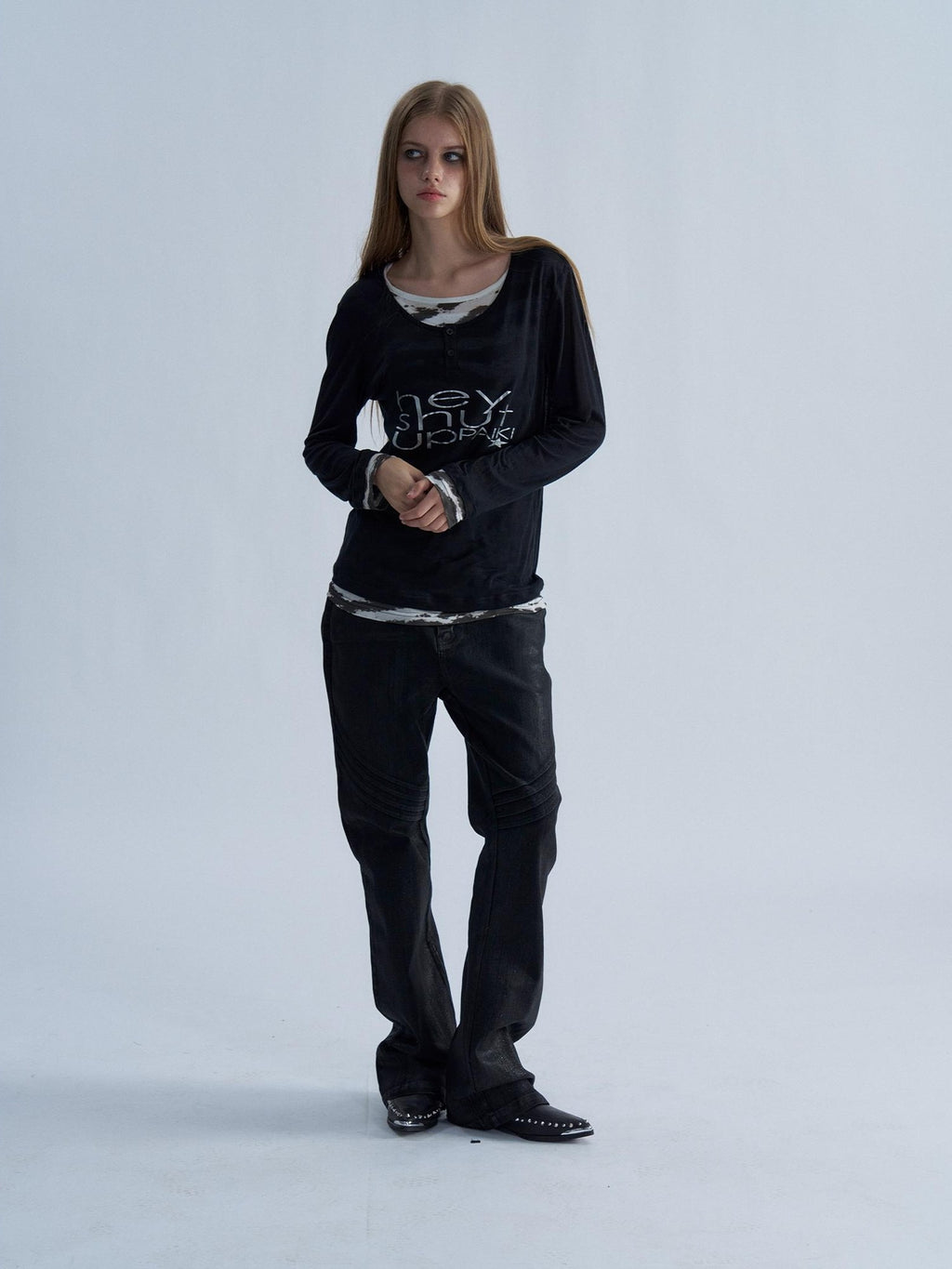 PAIKI Tiger Print Layered Look Henley Neck Lyocell Women's Long Sleeve T-shirts