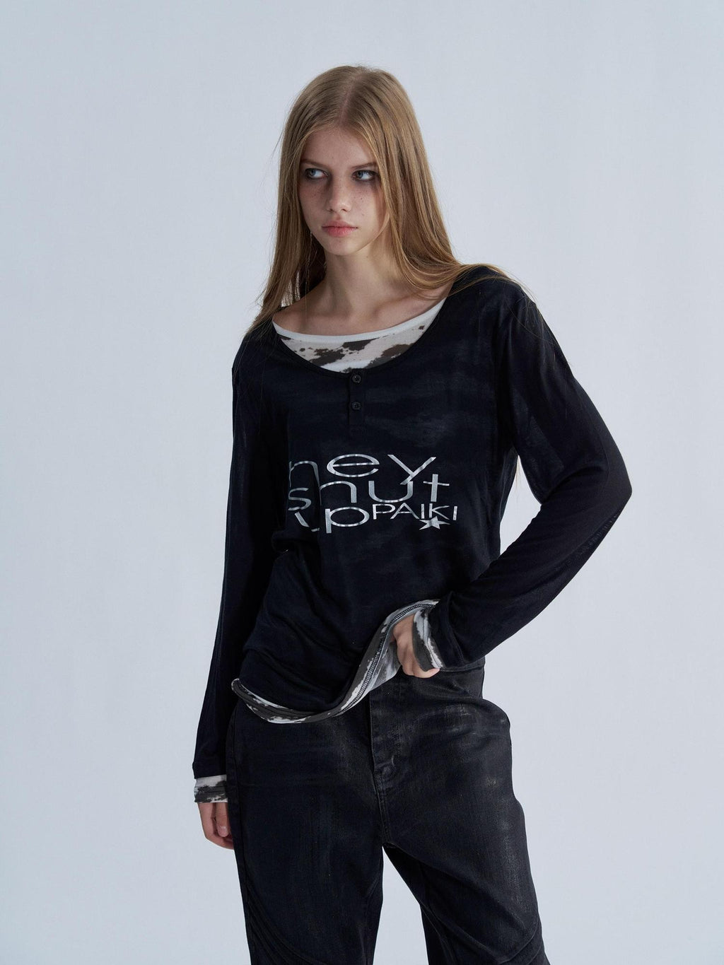 PAIKI Tiger Print Layered Look Henley Neck Lyocell Women's Long Sleeve T-shirts