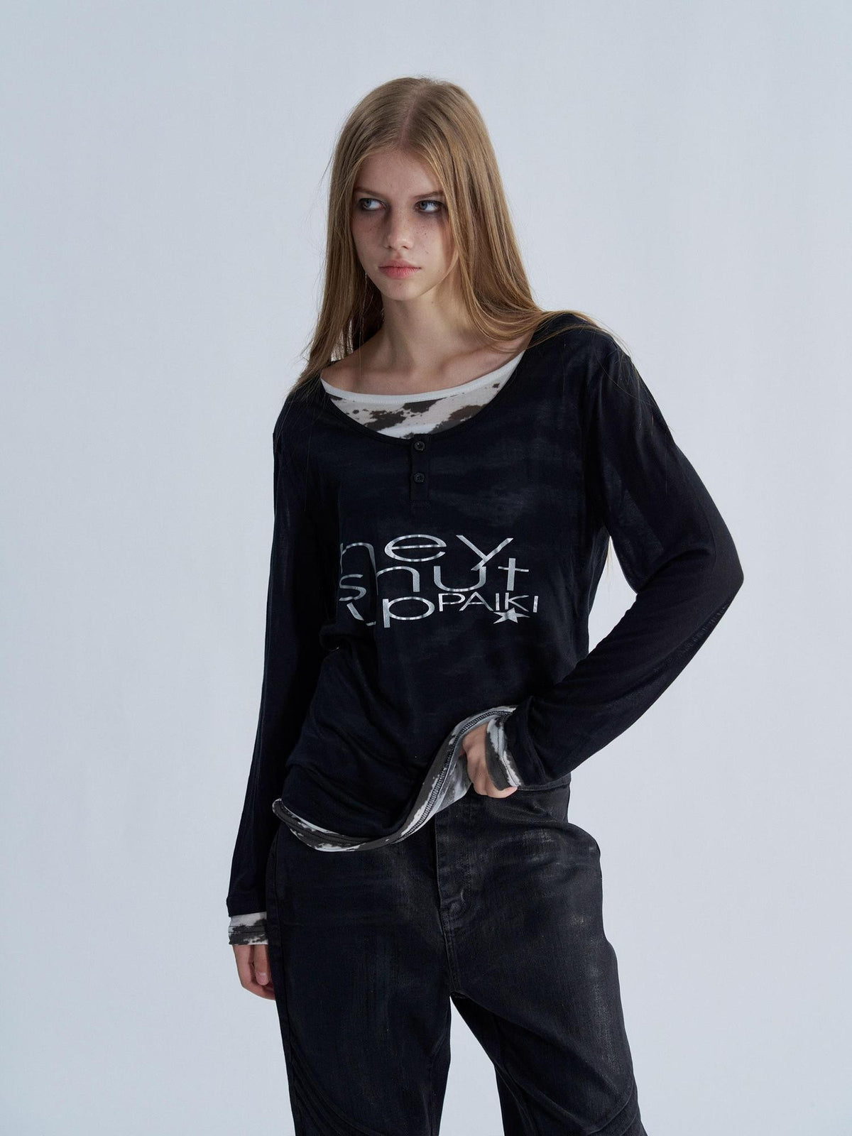 PAIKI Tiger Print Layered Look Henley Neck Lyocell Women's Long Sleeve T-shirts