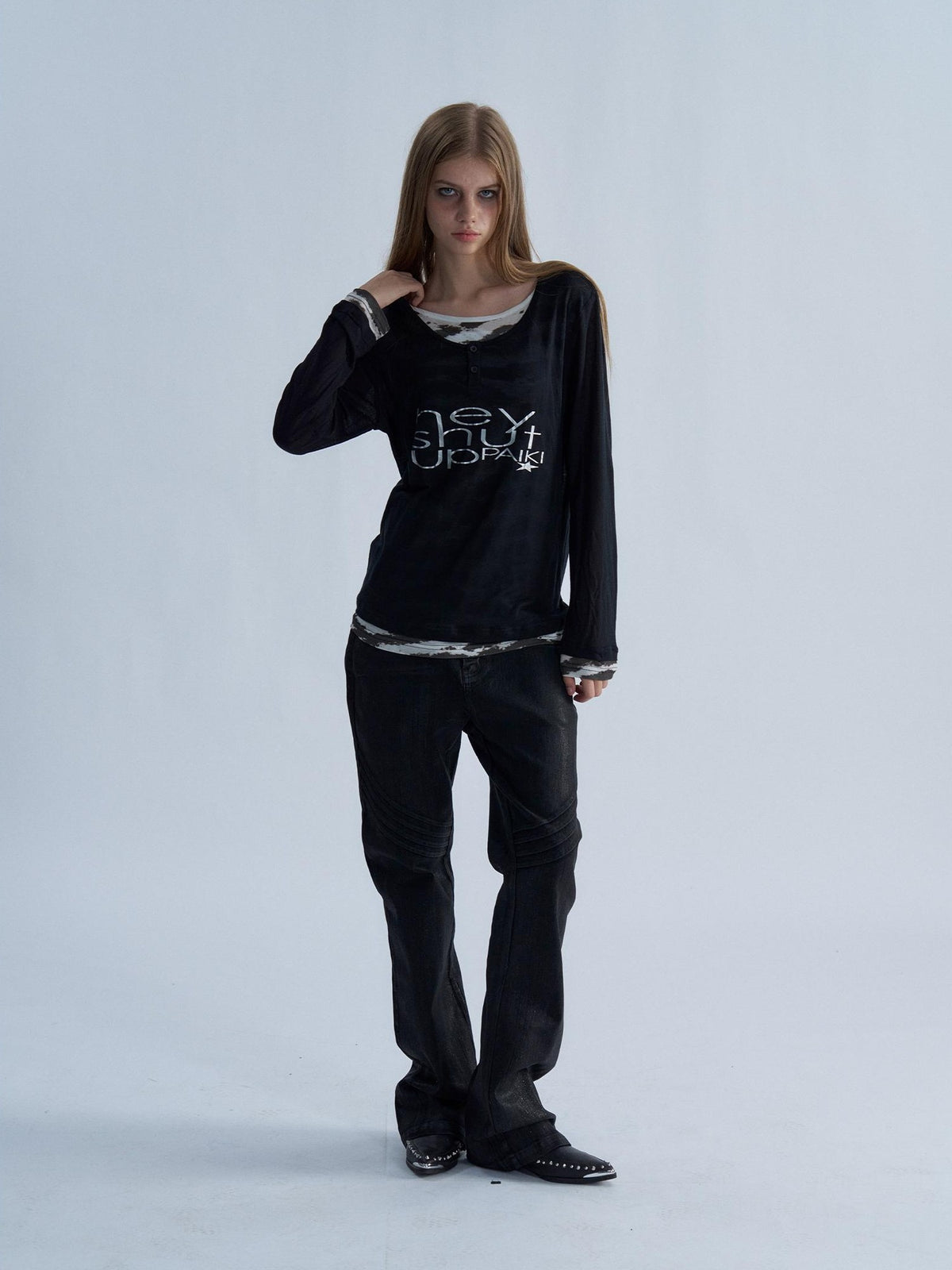 PAIKI Tiger Print Layered Look Henley Neck Lyocell Women's Long Sleeve T-shirts