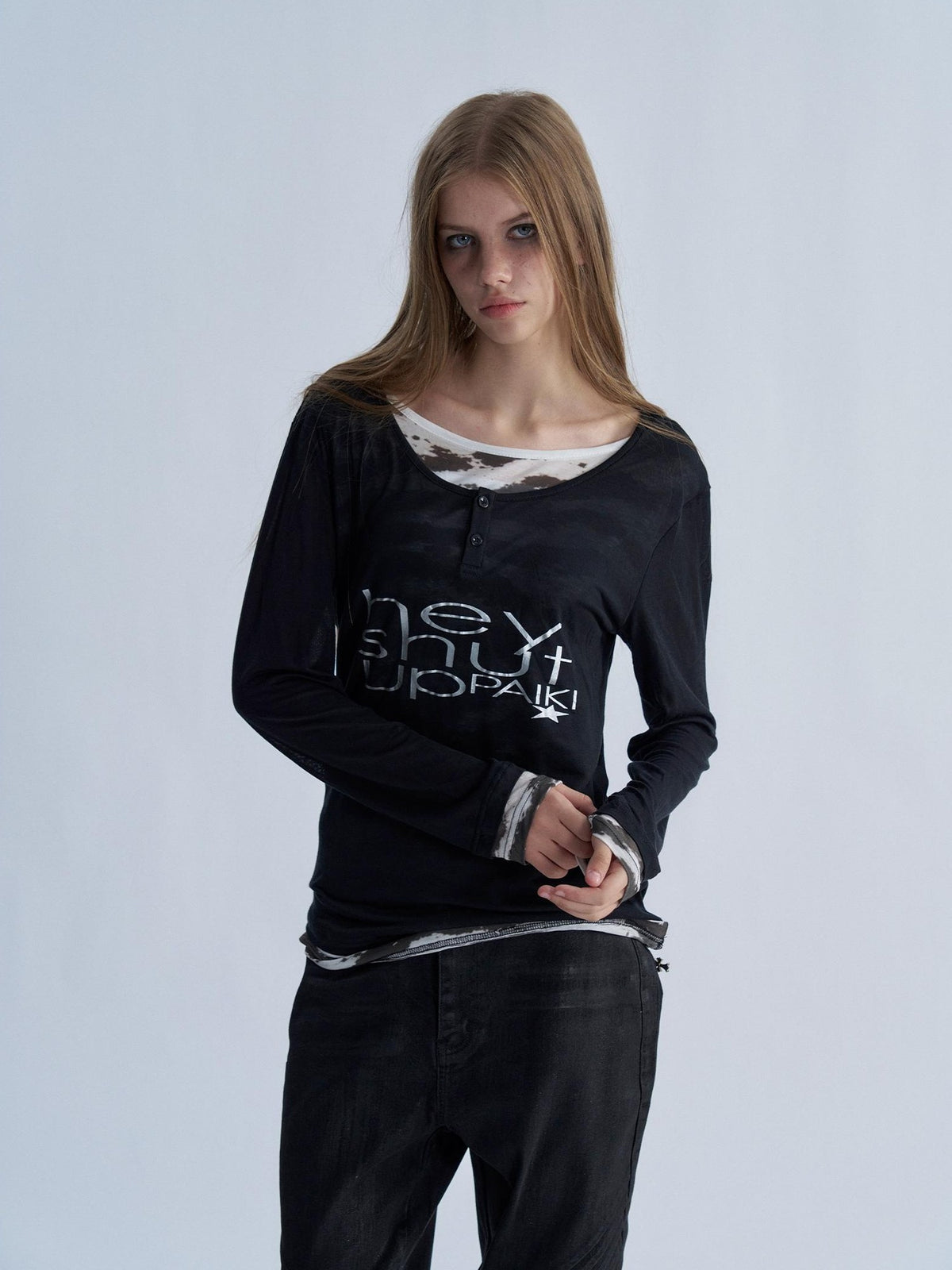 PAIKI Tiger Print Layered Look Henley Neck Lyocell Women's Long Sleeve T-shirts