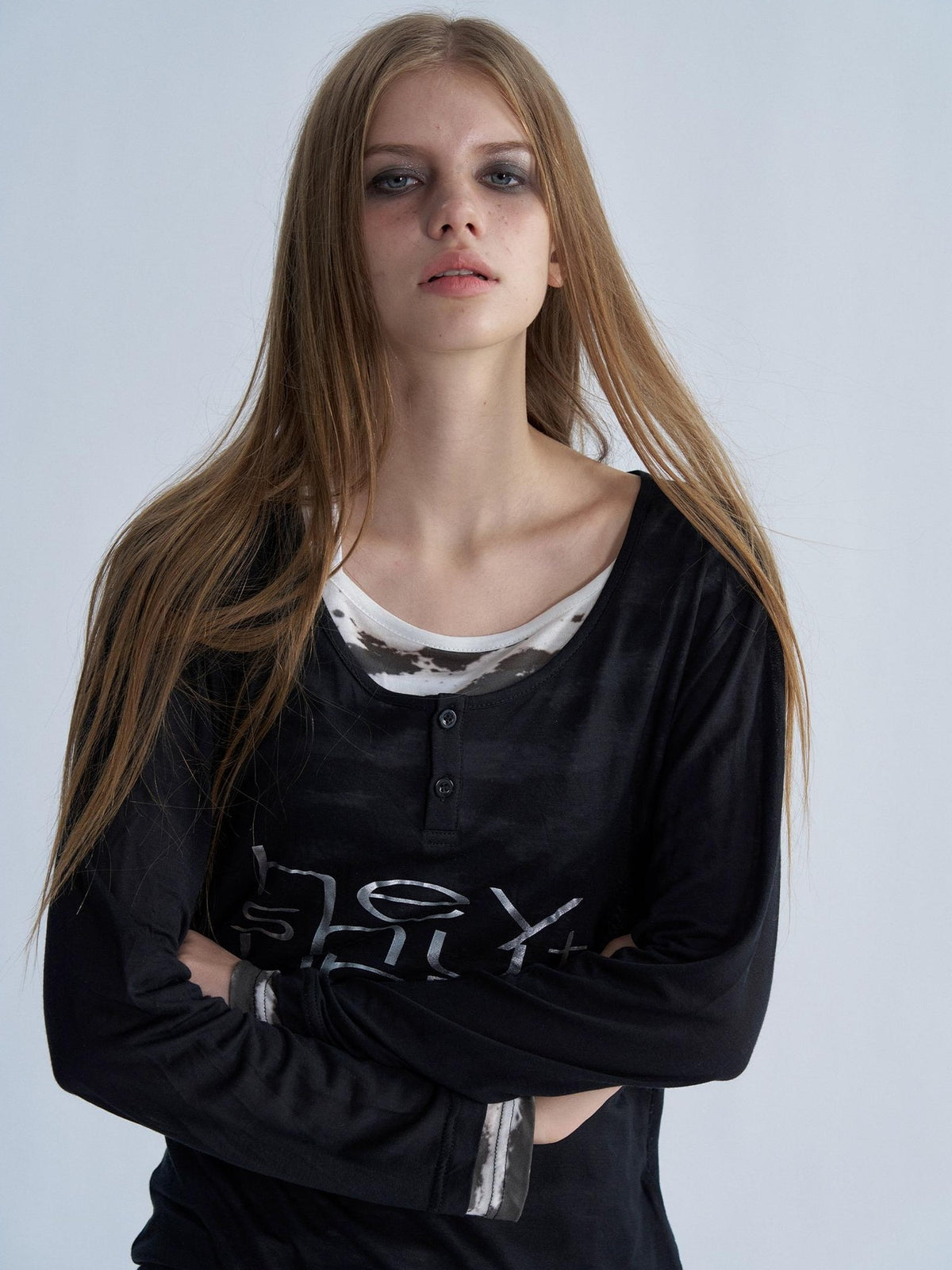 PAIKI Tiger Print Layered Look Henley Neck Lyocell Women's Long Sleeve T-shirts