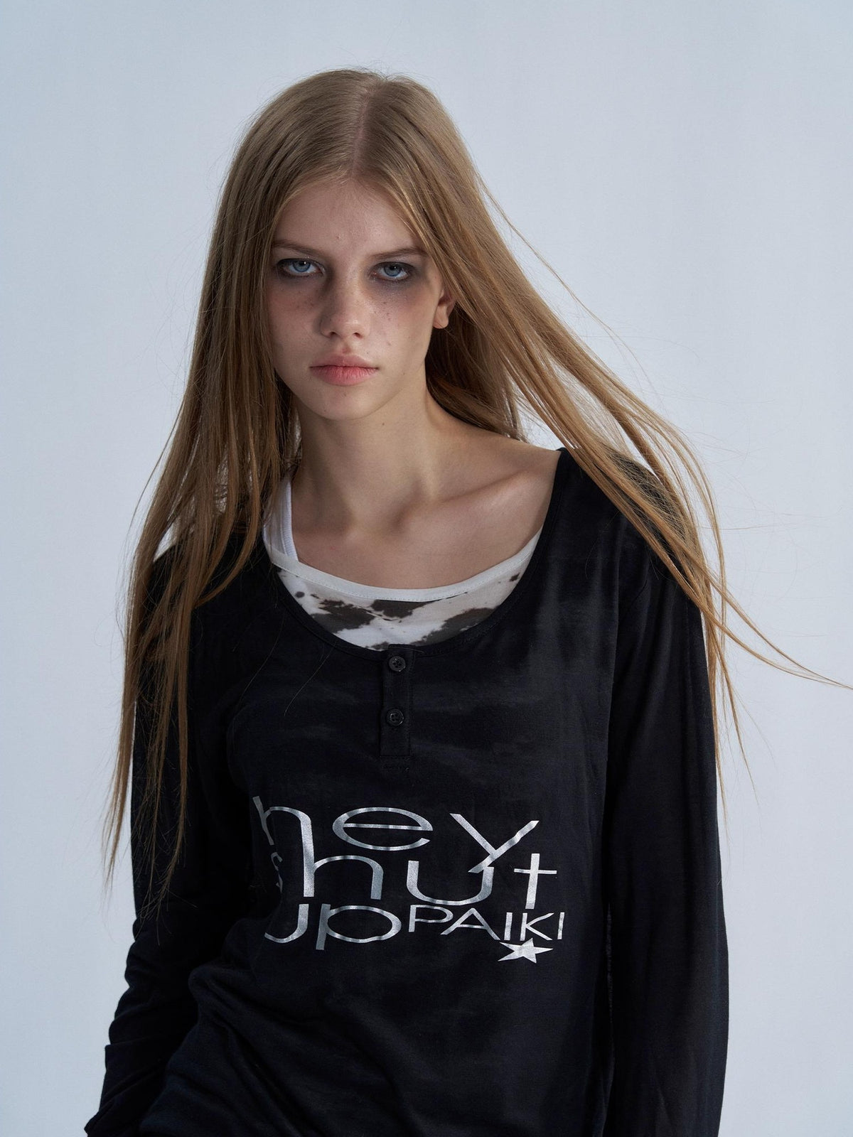 PAIKI Tiger Print Layered Look Henley Neck Lyocell Women's Long Sleeve T-shirts