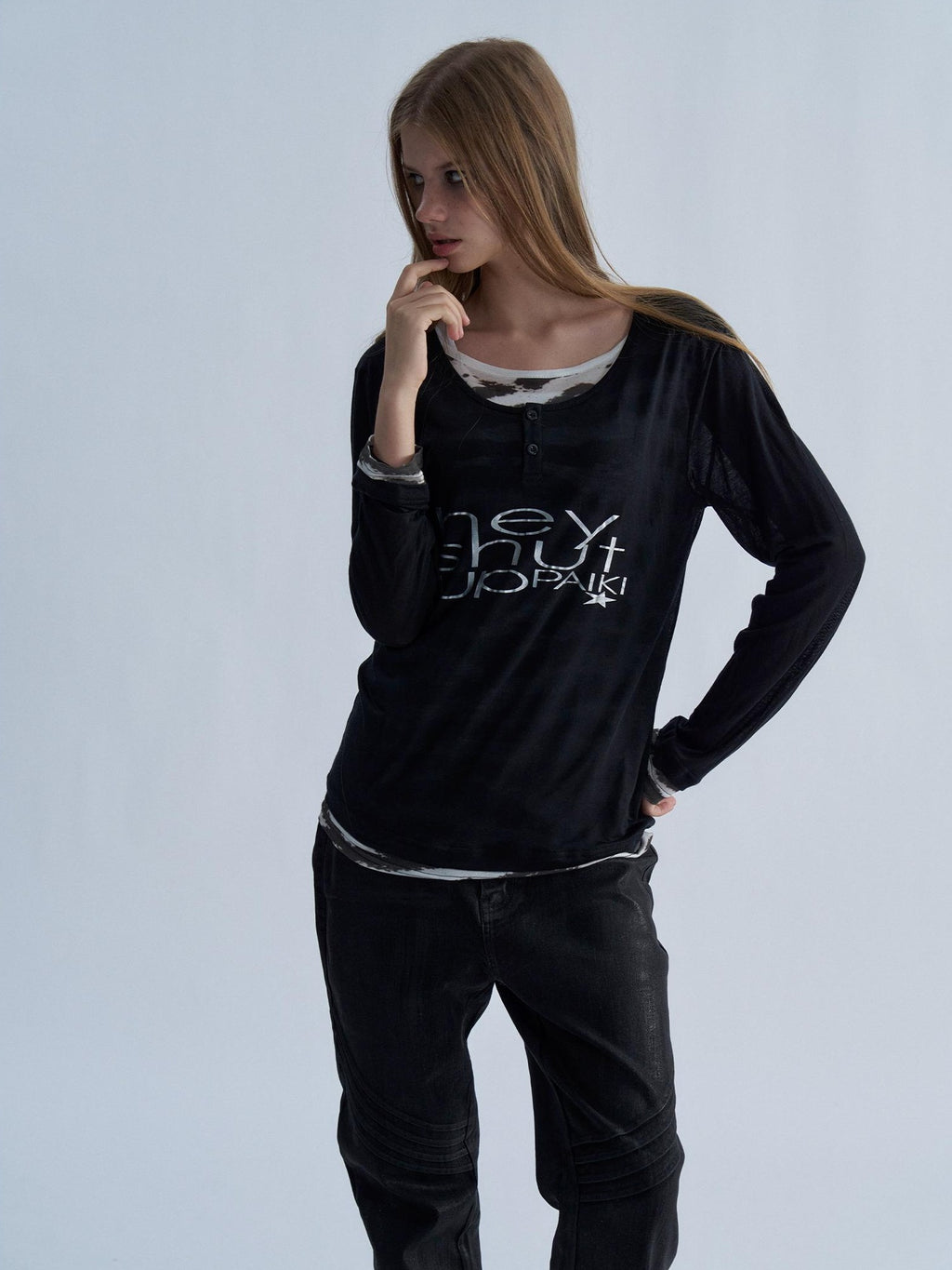 PAIKI Tiger Print Layered Look Henley Neck Lyocell Women's Long Sleeve T-shirts