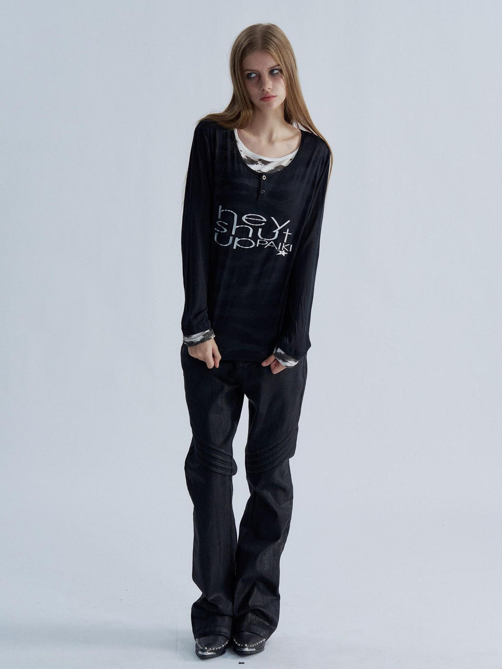PAIKI Tiger Print Layered Look Henley Neck Lyocell Women's Long Sleeve T-shirts