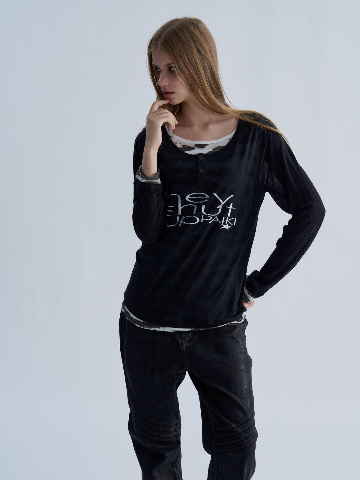 PAIKI Tiger Print Layered Look Henley Neck Lyocell Women's Long Sleeve T-shirts