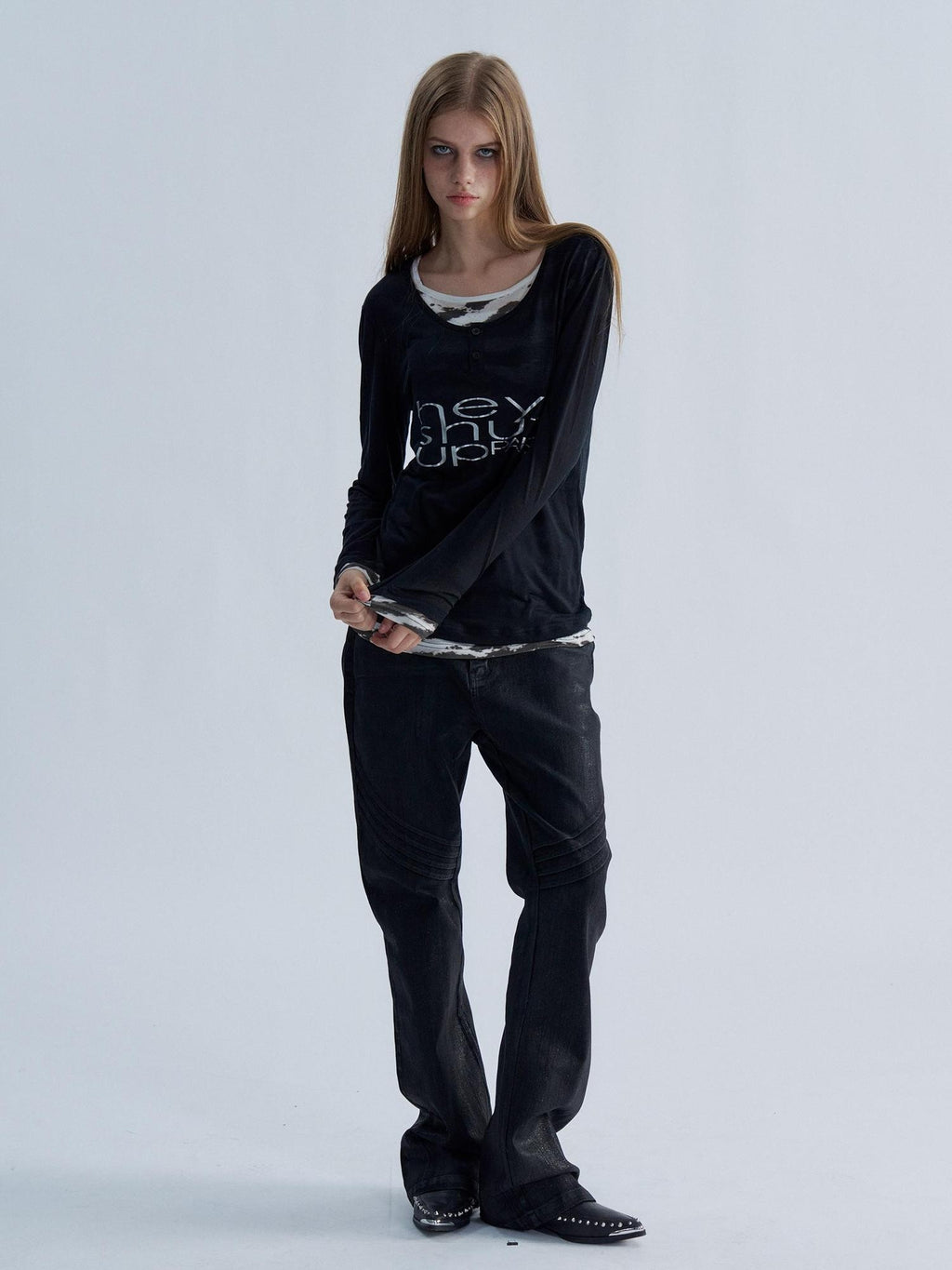 PAIKI Tiger Print Layered Look Henley Neck Lyocell Women's Long Sleeve T-shirts
