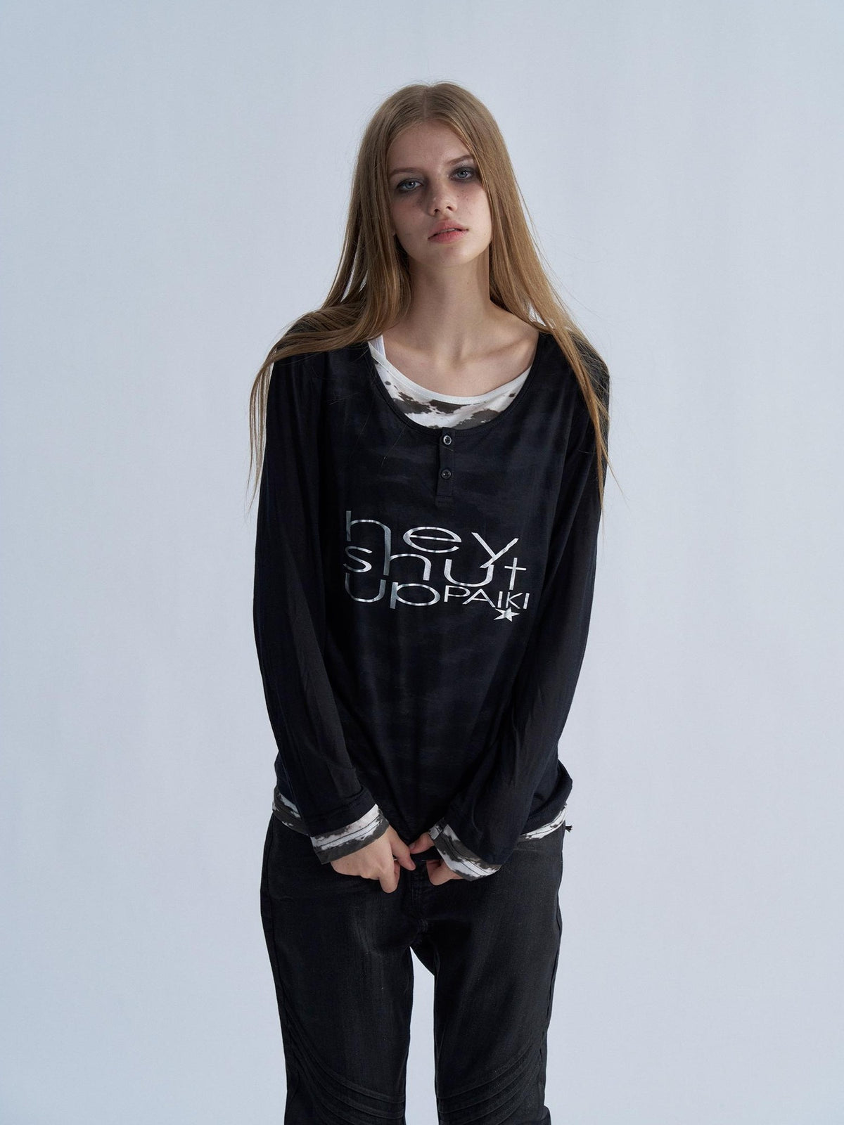PAIKI Tiger Print Layered Look Henley Neck Lyocell Women's Long Sleeve T-shirts