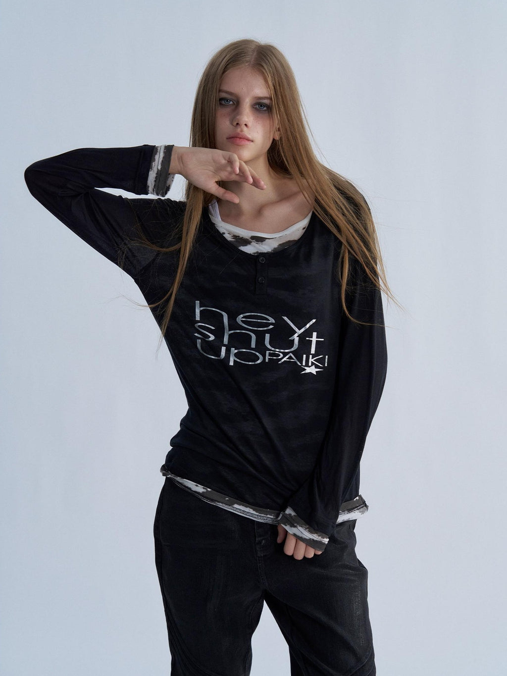 PAIKI Tiger Print Layered Look Henley Neck Lyocell Women's Long Sleeve T-shirts