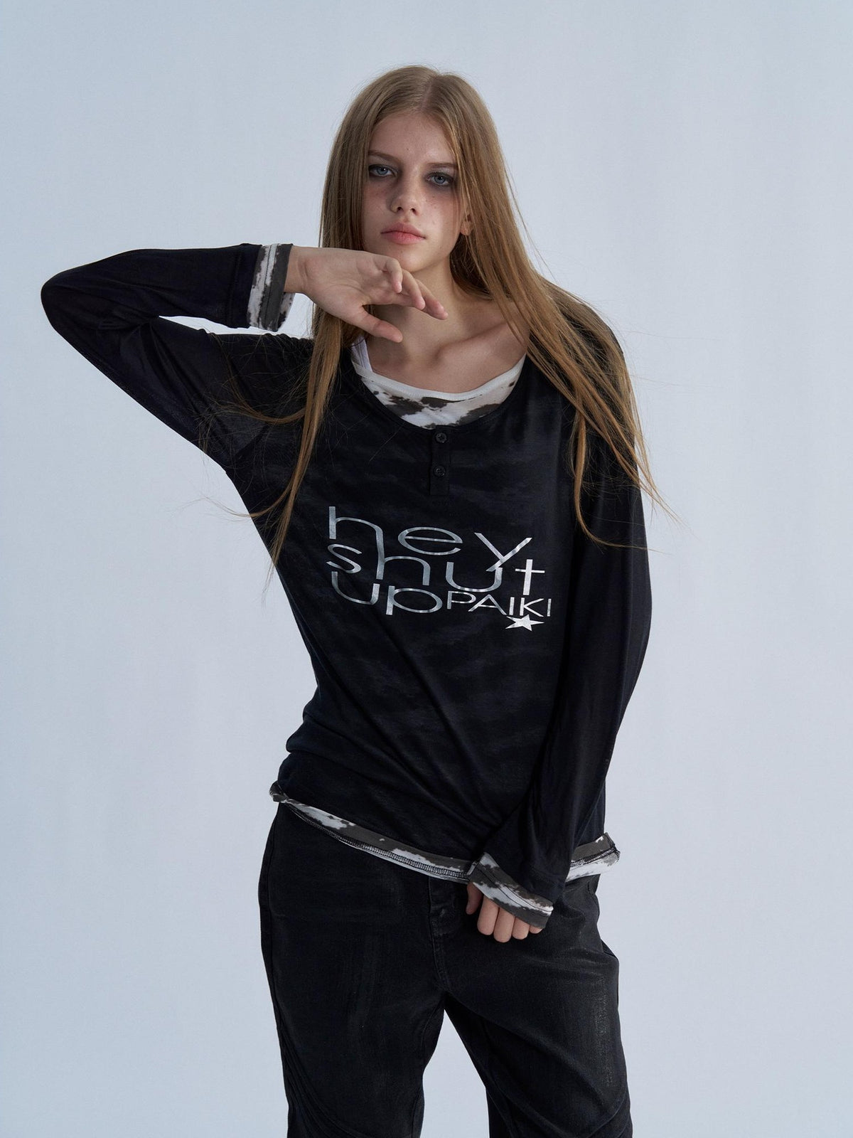 PAIKI Tiger Print Layered Look Henley Neck Lyocell Women's Long Sleeve T-shirts