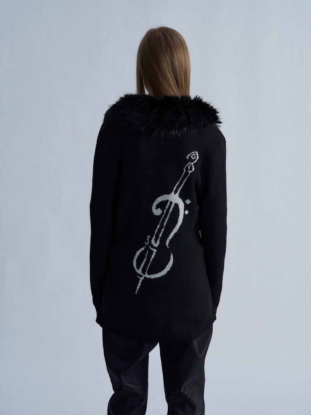 PAIKI Violin Print Faux Fur Collar Long Sleeve Women's Knit Cardigans