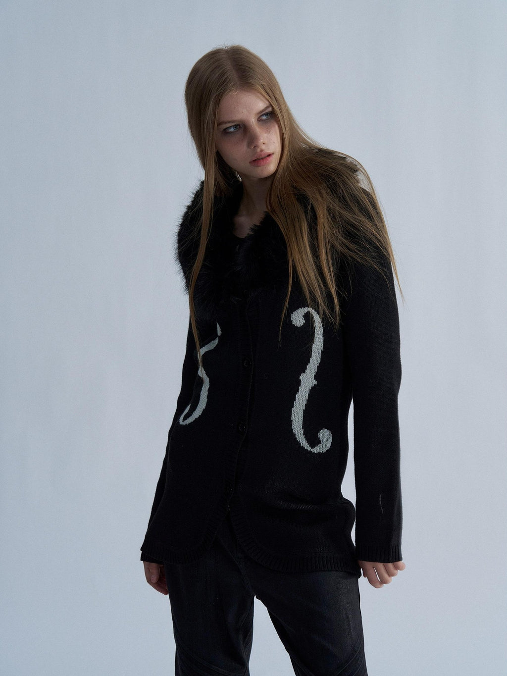 PAIKI Violin Print Faux Fur Collar Long Sleeve Women's Knit Cardigans