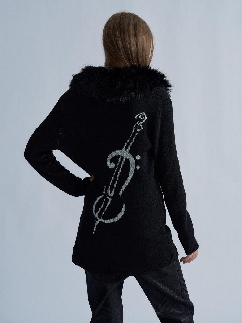 PAIKI Violin Print Faux Fur Collar Long Sleeve Women's Knit Cardigans