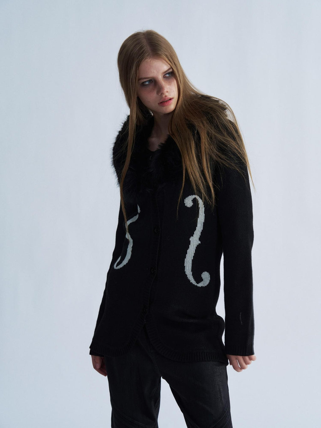PAIKI Violin Print Faux Fur Collar Long Sleeve Women's Knit Cardigans