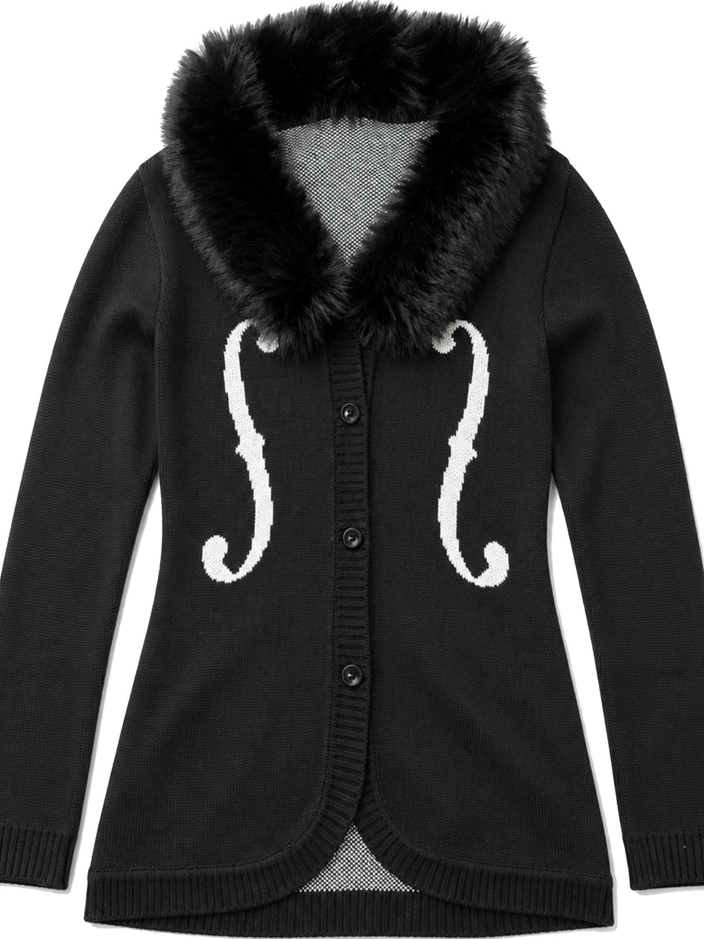 PAIKI Violin Print Faux Fur Collar Long Sleeve Women's Knit Cardigans
