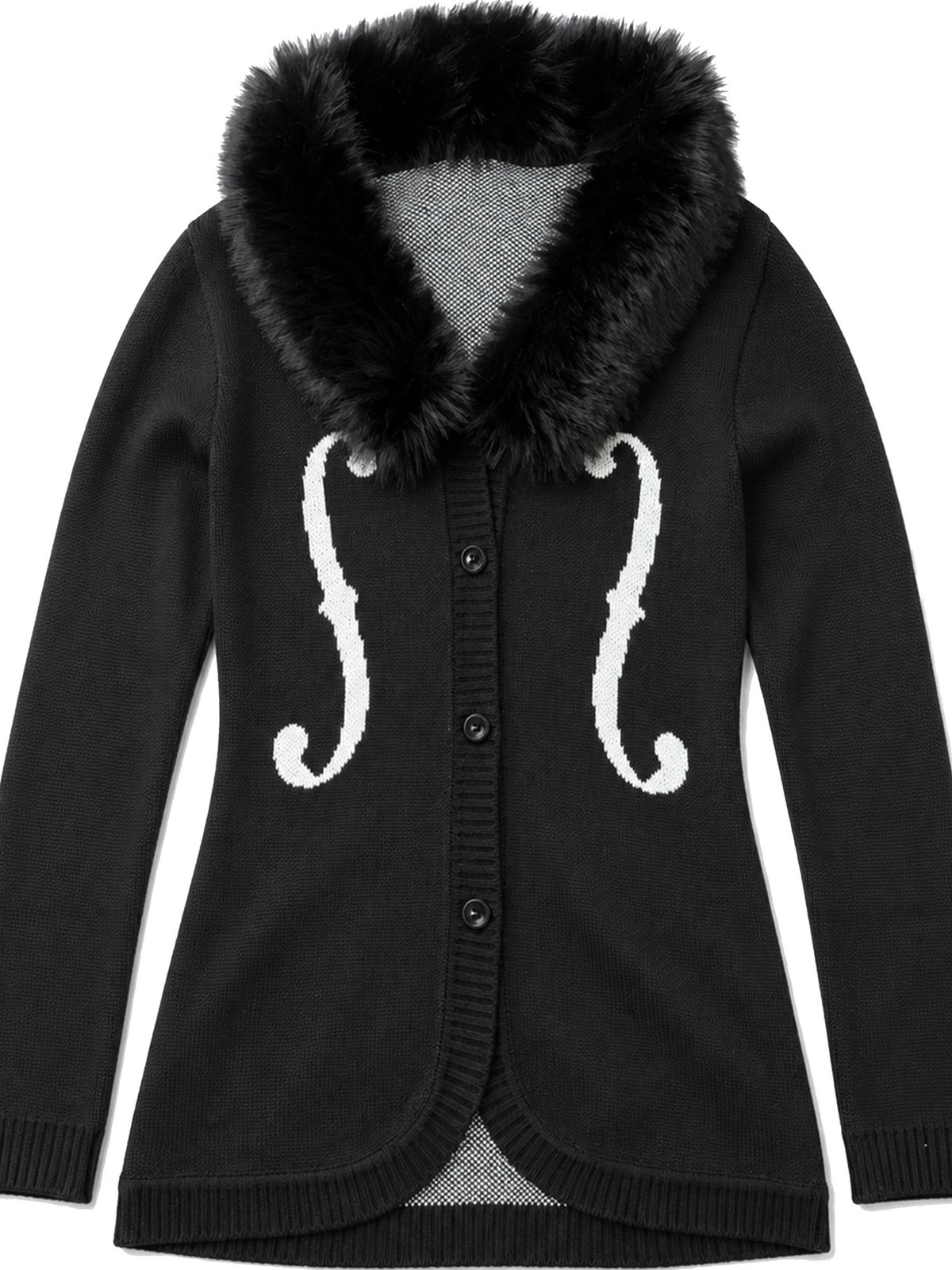 PAIKI Violin Print Faux Fur Collar Long Sleeve Women's Knit Cardigans