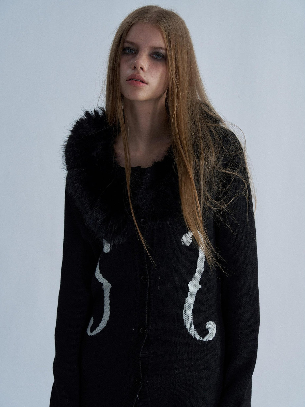 PAIKI Violin Print Faux Fur Collar Long Sleeve Women's Knit Cardigans