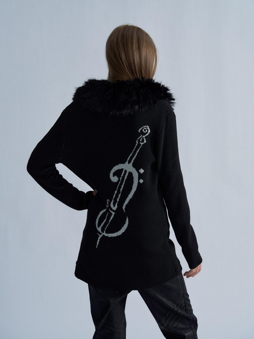 PAIKI Violin Print Faux Fur Collar Long Sleeve Women's Knit Cardigans