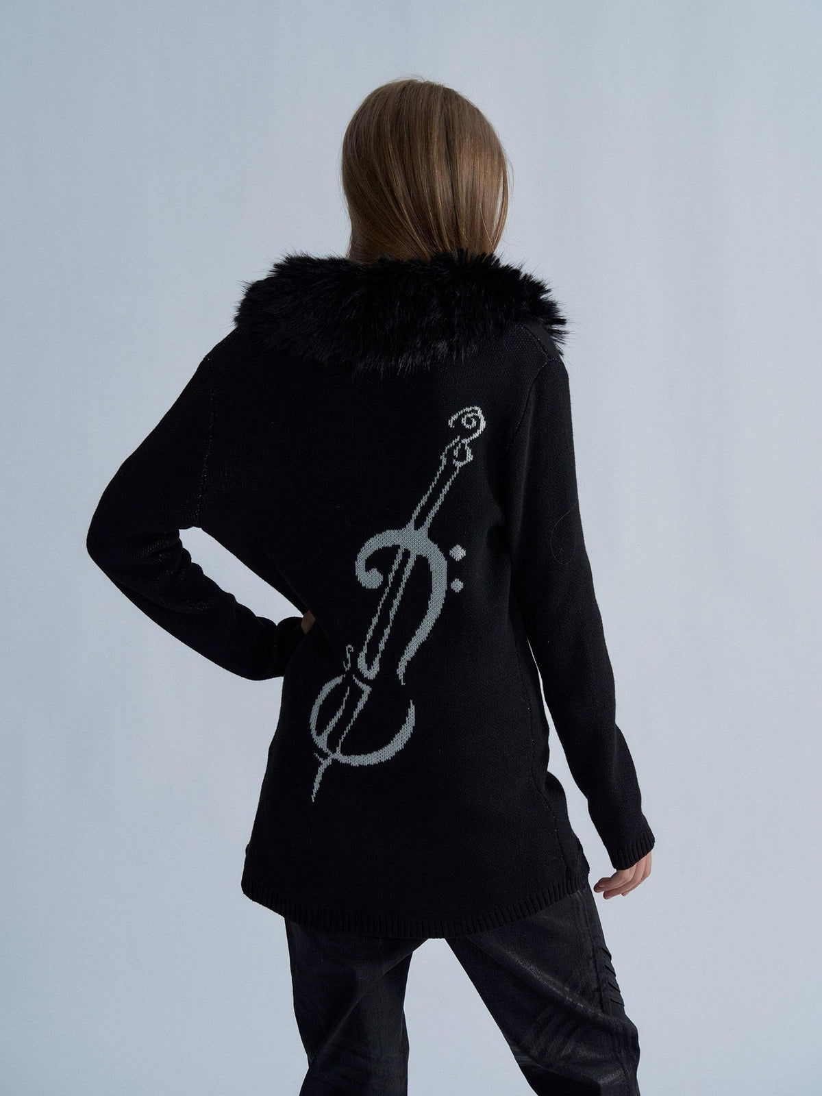 PAIKI Violin Print Faux Fur Collar Long Sleeve Women's Knit Cardigans