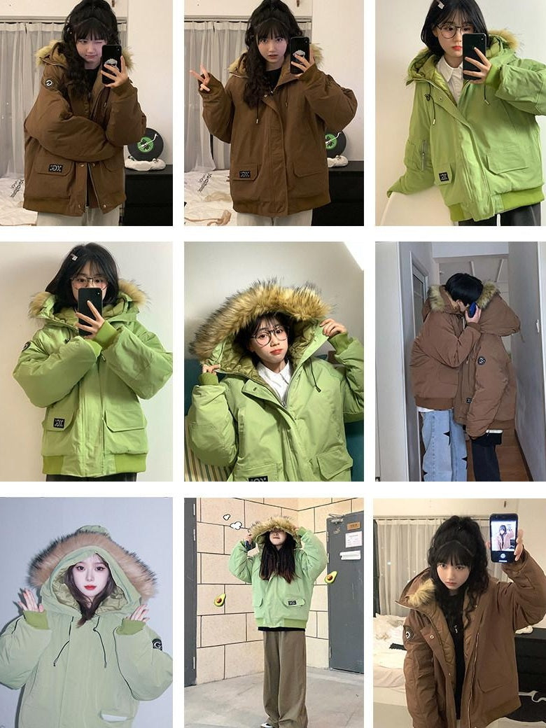 PAIKI Warm Cotton Filled Loose Fit Multi Pocket Detachable Hood Cleanfit Puffer Jackets