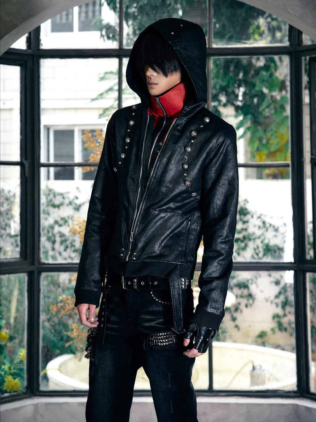 PAIKI Warm Hooded Ultra Slim Black Clean Fit Zipper Casual Polyester Leather Jackets