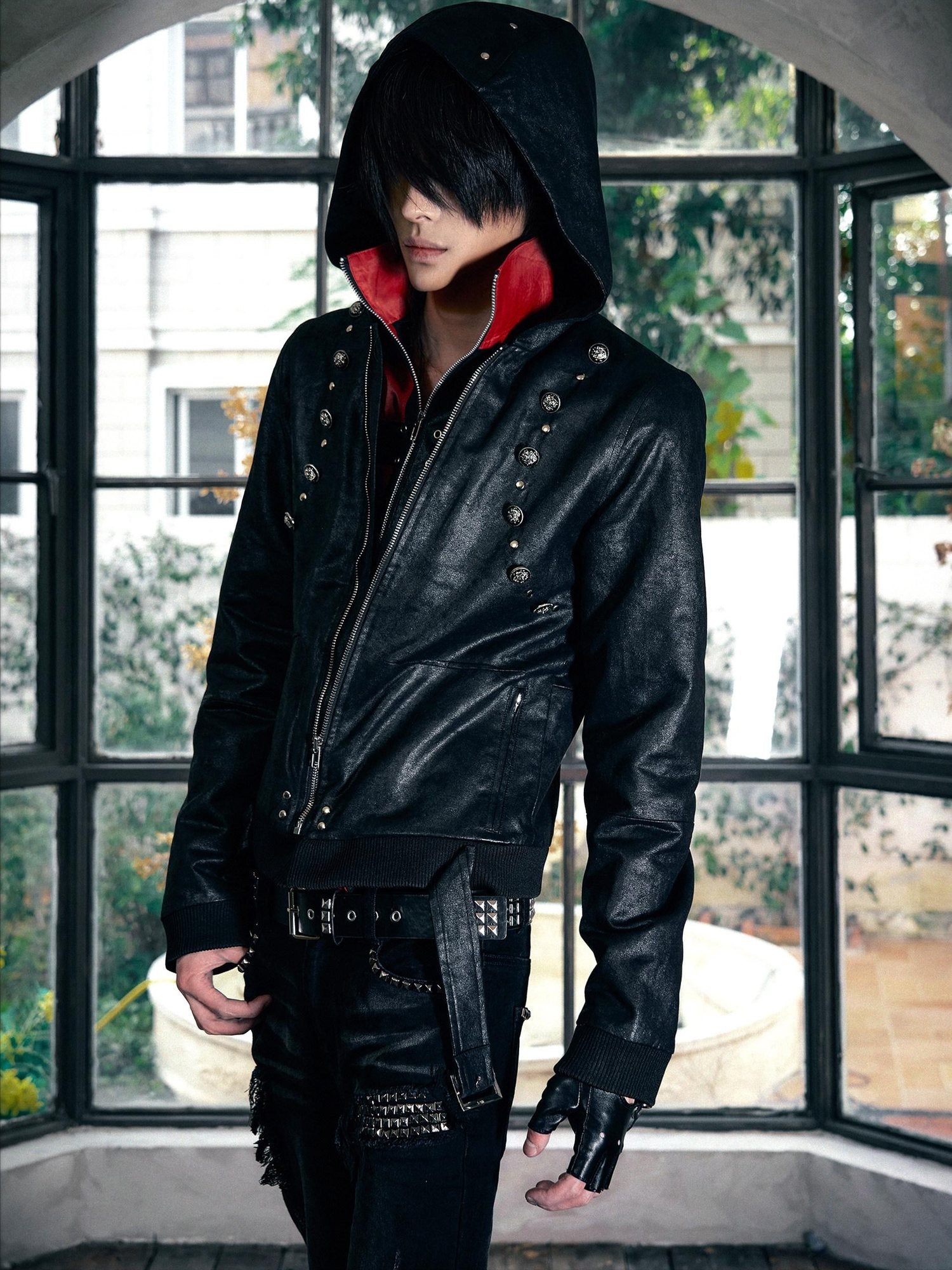 PAIKI Warm Hooded Ultra Slim Black Clean Fit Zipper Casual Polyester Leather Jackets