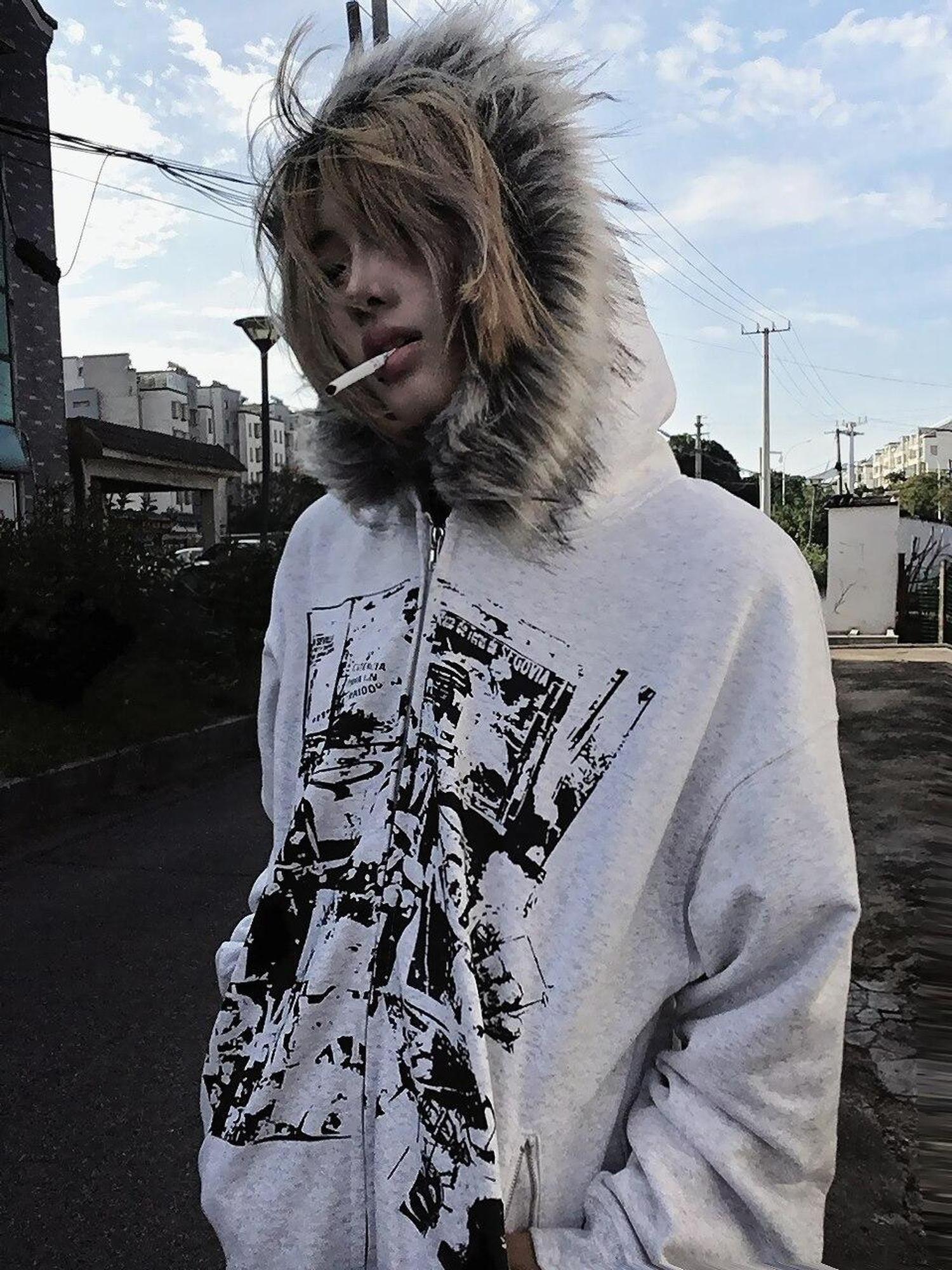 PAIKI Warm Slim Fit Hooded Zip Up Graphic Print Unisex Teen Polyester Hoodies